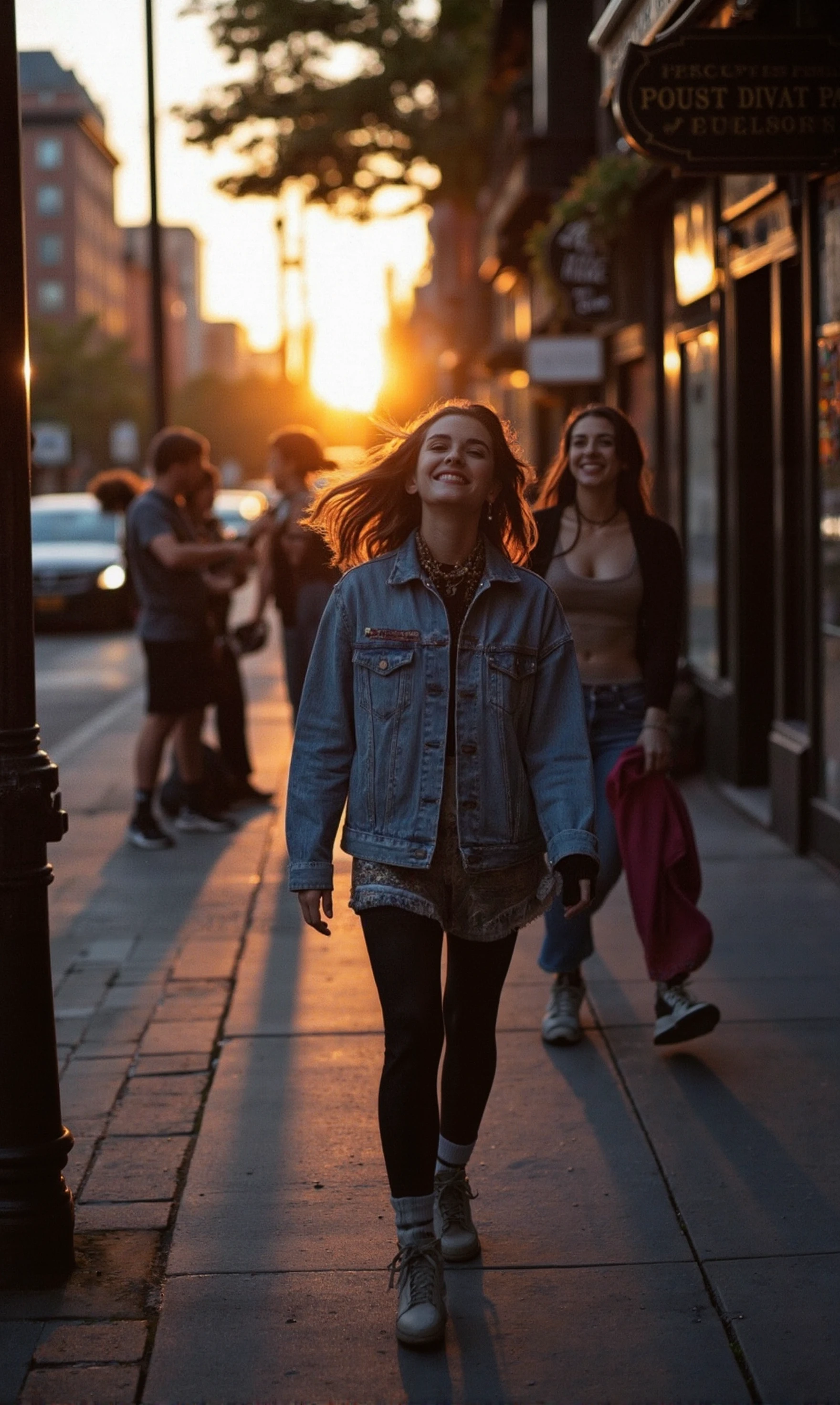 A disposable camera captures moments of urban life at sunset, as a group of eclectic individuals strolls through the vibrant streets of Brooklyn. The scene is bathed in golden hues, with the faint glow of streetlights beginning to illuminate the area. A young woman with a retro aesthetic walks ahead, her vintage denim jacket flapping slightly in the breeze, while two friends behind her laugh heartily, their shadows stretching long across the cobblestone pavement. In the distance, a musician plays a guitar on the corner, attracting a small crowd that claps along to the melody. The air smells of coffee and freshly baked goods from the nearby café, and the faint sound of waves from the East River drifts through the atmosphere. The camera, with its visible film grain and slight lens distortion, perfectly captures the charm of this fleeting moment in time.