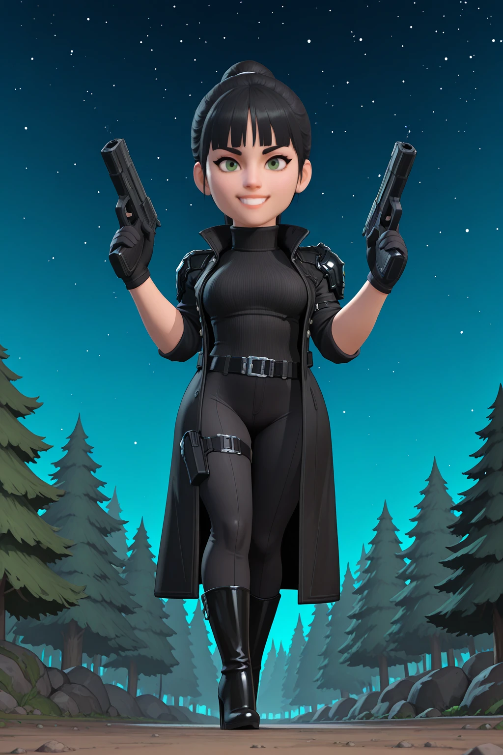 masterpiece, good quality, best quality, very awa, very as2, absurdres, highres,
<lora:NelltfdilluLora:1>Nell, bangs, ponytail, black hair, green eyes, high collar, turtleneck, skin tight, sweater, trench coat, shoulder armor, sleeves rolled up, belt, black gloves, black pants, thigh strap, high heel boots, holding handgun, dual wielding, aiming at viewer, smile
<lora:Brawl Stars StyleIlluLYCO:1> brwlstrs, starry sky, forest, hands up. teeth