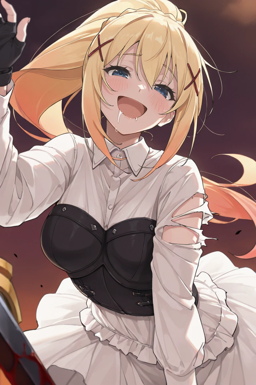 masterpiece, best quality, very aesthetic, newest, absurdres, highres,
1girl, solo,
<lora:RockWaShinanaiDressIllustriousV1:1> rockwashinanaidress, collared dress, white dress, long sleeves, bodice, fingerless gloves, black gloves,
darkness \(konosuba\), sword, torn clothes, blood, blush, smile, open mouth, drooling, happy,
