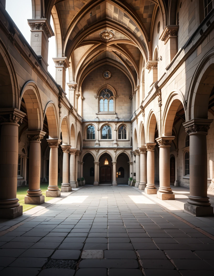 A historical courtyard framed by tall, arched stone arcades with detailed columns and aged masonry. The architecture is reminiscent of a Gothic or medieval European style, with weathered beige and grey stones. The ground is paved with large rectangular stone tiles, slightly uneven and textured with age. Soft natural daylight illuminates the courtyard, casting gentle shadows under the arches. The space feels both grand and enclosed, evoking the atmosphere of an ancient university or magical institution,historical c0urty4rd, <lora:historical_c0urty4rd-p:1>,score_9, score_8_up, score_7_up,amazing quality, ultra realistic, 3D, HD, best quality, amazing quality, very aesthetic, absurdres