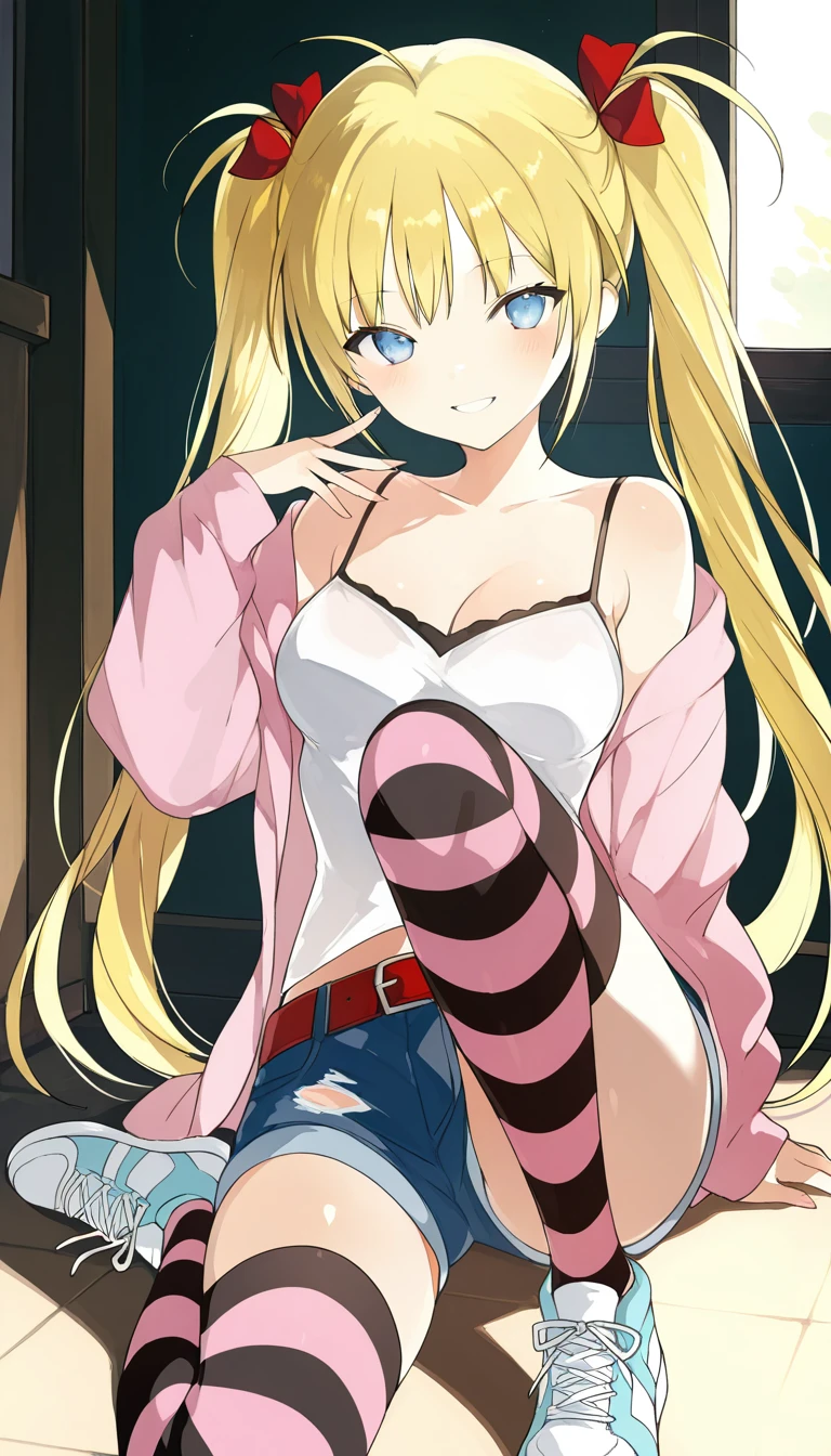(masterpiece),best quality,amazing quality,very aesthetic,absurdres,newest,perfect body,shiny skin,perfect eyes,detail1eye,well-defined fingers,well-defined fingernails,anime style,indoors,1girl,solo,upper body,(portrait:1.5),looking at viewer,facing viewer,smile,blush,Lpip style,Airi Akizuki,ahoge,very long hair,blonde hair,high twintails,hair ribbon,red ribbon,bangs,blue eyes,collarbone,pink jacket,white camisole,long sleeves,medium breasts,red belt,denim shorts,shorts rolled up,zettai ryouiki,two-tone thighhighs,pink thighhighs,black thighhighs,striped thighhighs,sneakers,<lora:Airi Akizuki(oc)-Illus:1.6>,<lora:Lpip[style]-Illus:1.6>,