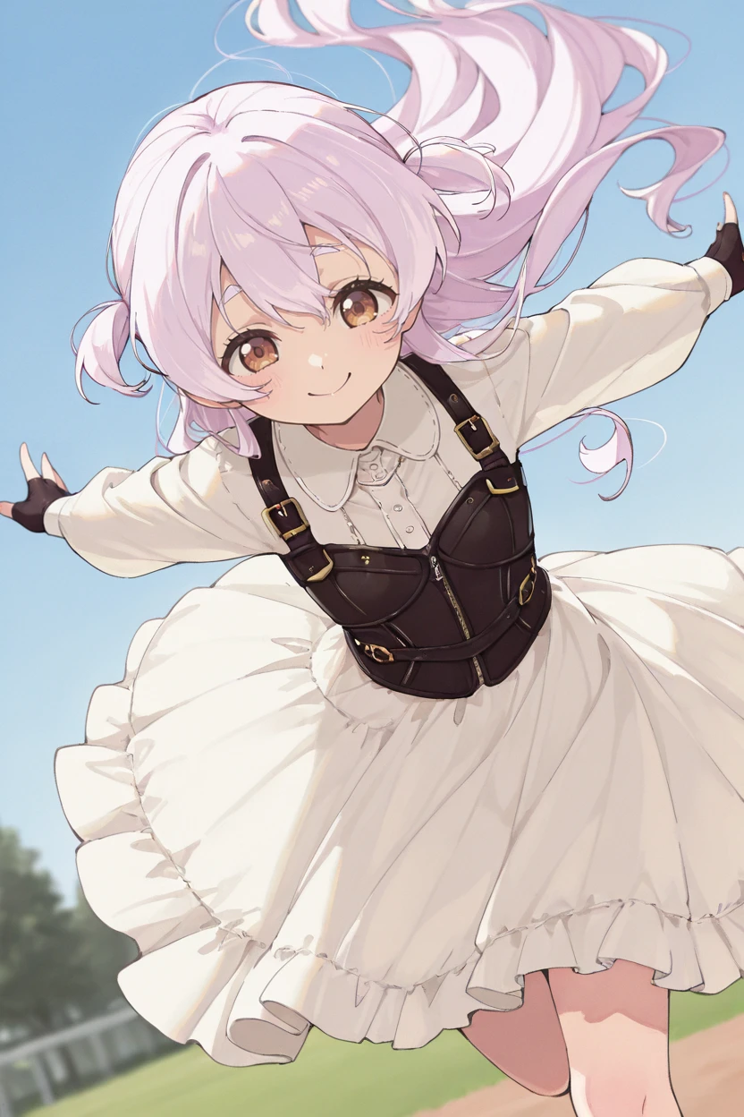 masterpiece, best quality, very aesthetic, newest, absurdres, highres,
1girl, solo,
<lora:RockWaShinanaiDressIllustriousV1:1> rockwashinanaidress, collared dress, white dress, long sleeves, bodice, fingerless gloves, black gloves,
momoe nagisa, dutch angle, outstretched arms, smile, running, floating hair,
<lora:Uekura Eku_illustriousXL:0.8>