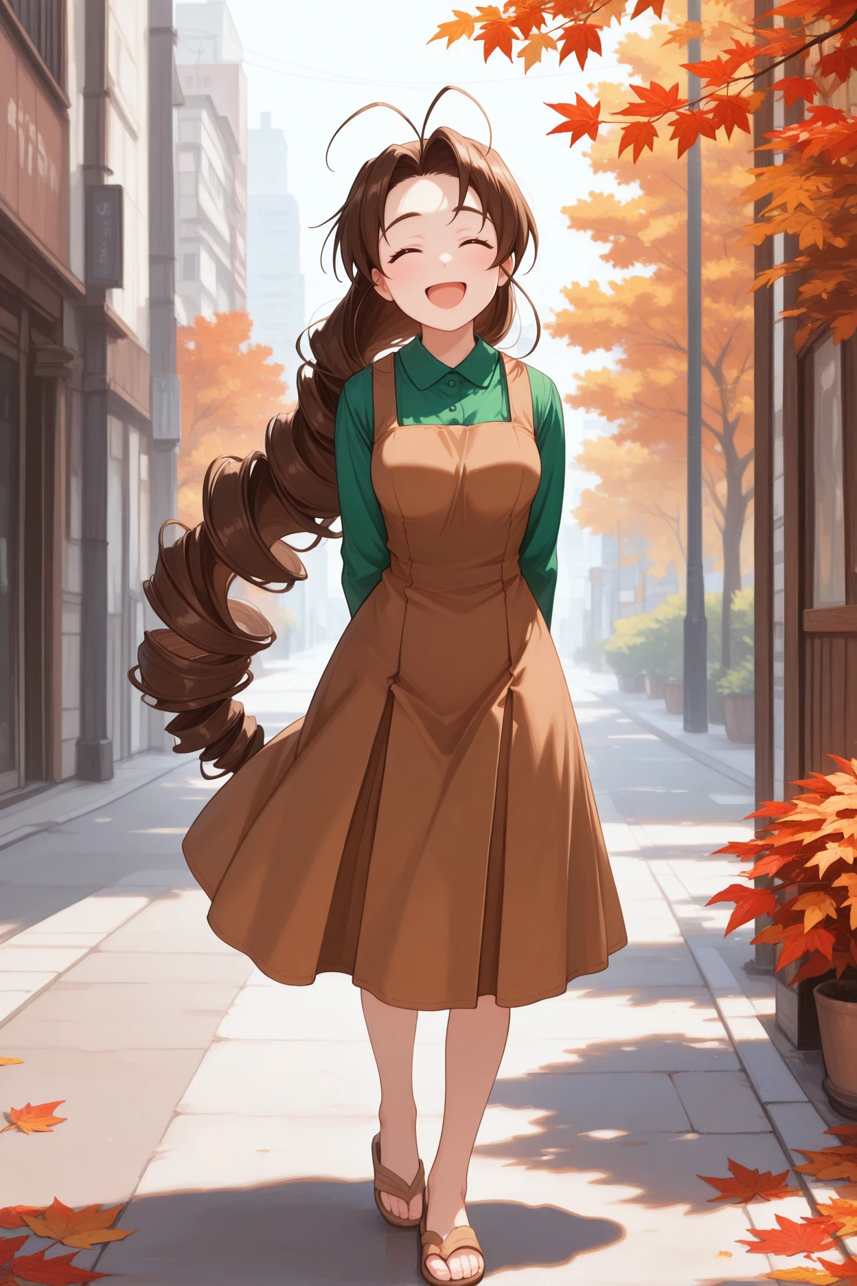 masterpiece, best quality, 1girl, solo, <lora:otohimemutsumi-illu-nvwls-v1:1> otmsm, brown hair, very long hair, drill hair, antenna hair, closed eyes, pinafore dress, brown dress, green shirt, long sleeves, sandals, full body, ^_^, happy, autumn, city street