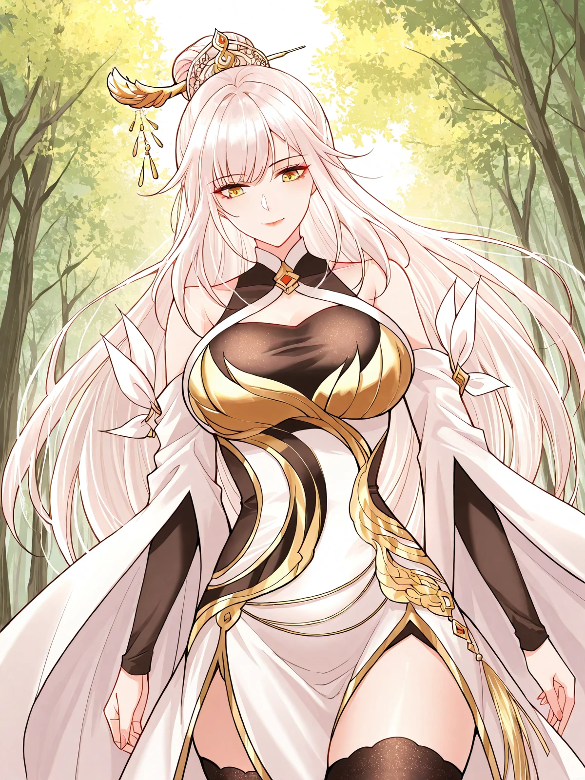 <lora:It_Starts_With_The_Confession_To_The_Beauty_Master__Yue_Yao__Illustrious:1>
1 girl, solo, long hair, white hair, hair bun, side bangs, golden eyes, ornamental hairpin,
chinese outfit, white and black dress, sleeveless top, detached sleeves, high slit skirt, black thigh-high stockings, golden decorations, gold-trimmed fabric, translucent white drape, asymmetric outfit,
score_9, score_8_up, score_7_up, very aesthetic, source_anime, detailed, high quality, beautiful, masterpiece, detailed eyes, forest, tree, ruins, cowboy shot, dynamic angle, upper body, light smile, dynamic pose