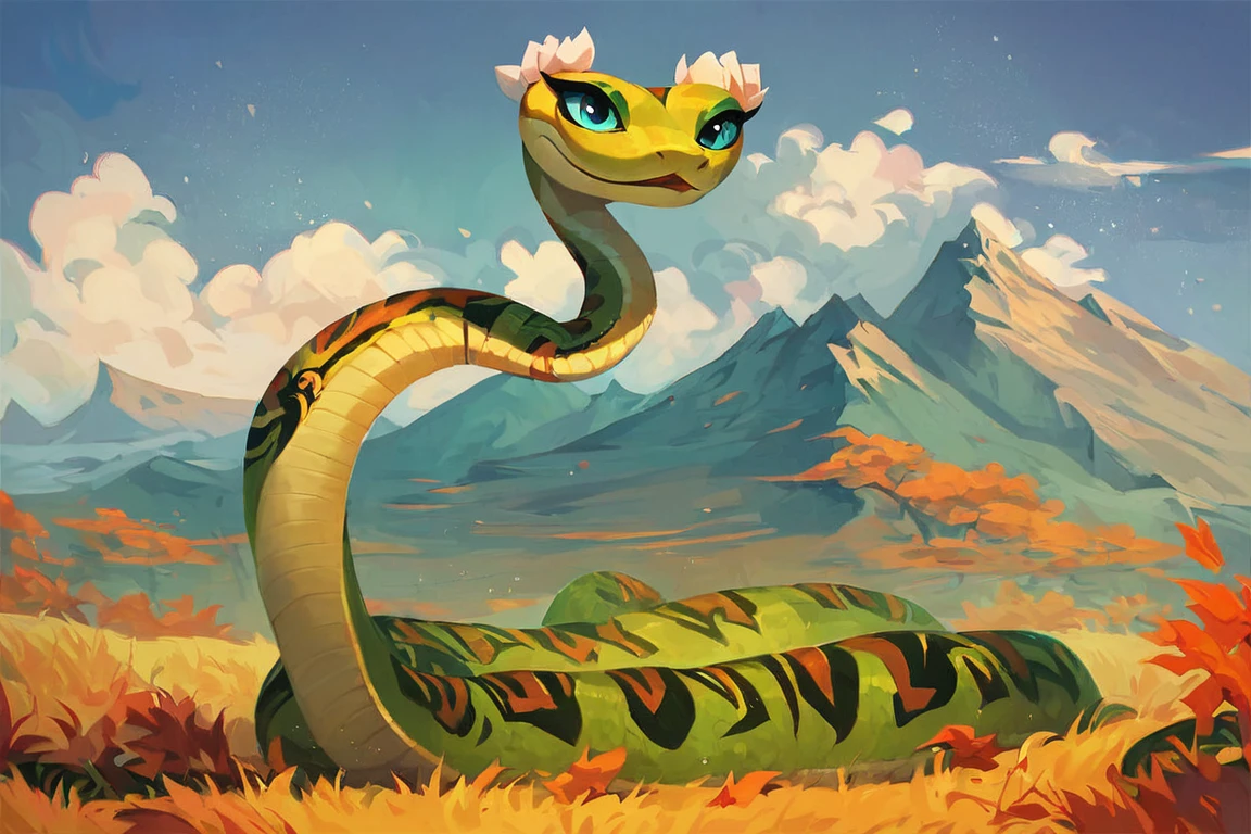 Masterpiece,Best Quality,master viper,snake,grass,full body,feral,solo,perfection detail,extreme detail,solo,green body,simple background,<lora:aki:0.8>,score_9,score_8_up,score_7_up,score_6_up,in autumn,mountain,headdress,