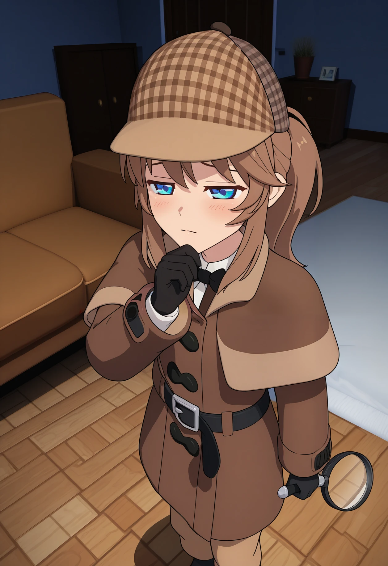 masterpiece,best quality,absurdres,highres,scenery,
rinrin style, 3d,
1girl,solo focus,ccgirl,brown hair,sidelocks,ponytail,blue eyes, deerstalker,brown capelet,brown coat,trench coat,black belt,black gloves,brown pants,black bowtie, looking at viewer,raised eyebrows,thinking,hand up,holding magnifying glass,half-closed eyes,hand on own chin, indoors,living room,night,blood on the floor,crime scene,fire place, from above,