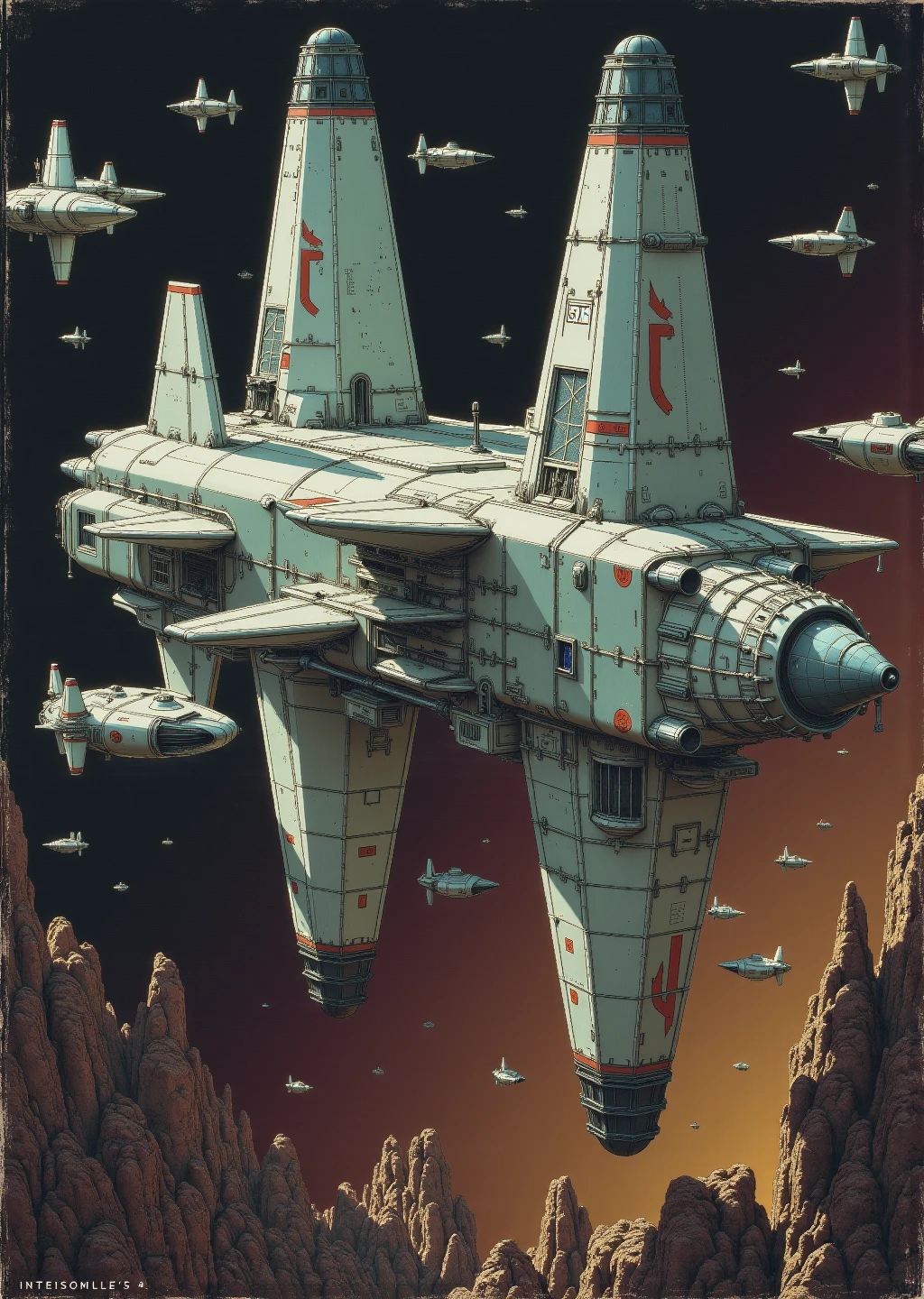 Cinematic still of a space station orbiting an alien planet, with a large white spaceship in the background and small spacecraft floating nearby. The style is reminiscent of 1970s science fiction fantasy art, with a retrofuturistic, dark and gritty space opera aesthetic, and retro-futuristic technology depicted in a hyper-realistic manner.