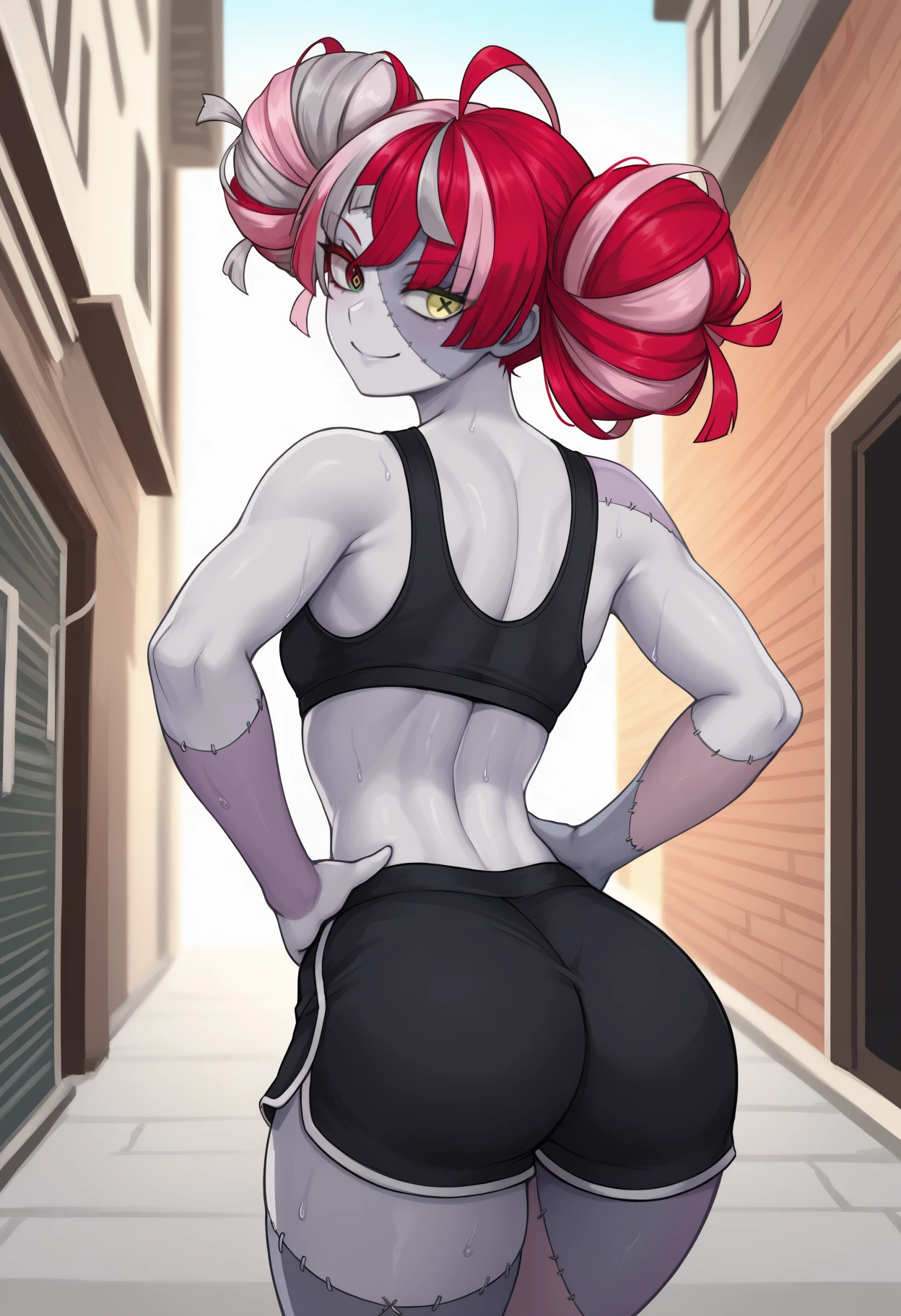masterpiece, best quality, newest, from behind, solo, 1girl, kure1jirnd, zombie, two-tone skin, grey skin, patchwork skin, stitches, stitched face, stitched arm, sweat, smile, looking back, hands on own hips, multicolored hair, red hair, pink hair, grey hair, blunt ends, ahoge, double bun, heterochromia, gradient eyes, red eyes, green eyes, yellow eyes, mismatched pupils, diamond-shaped pupils, x-shaped pupils, black sports bra, black shorts, dolphin shorts, short shorts, ass, outdoors, day, city street
<segment:yolo-Anzhc Face seg 640 v3 y11n.pt,0.4,0.6//cid=11>