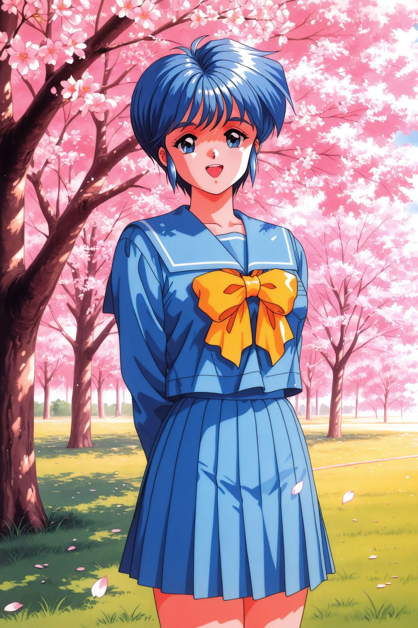 Original Style,Saki Nijino,1girl,solo,blue hair,blue eyes,short hair,school uniform,skirt,cherry blossoms,outdoors,blue skirt,smile,pleated skirt,open mouth,arms behind back,serafuku,retro artstyle,looking at viewer,sailor collar,petals,bow,1990s \(style\),tree,cowboy shot,blue shirt,long sleeves,blue sailor collar,standing,grass,yellow bow,day,
<lora:Tokimeki Memorial_illustriousXL_v2:1>,