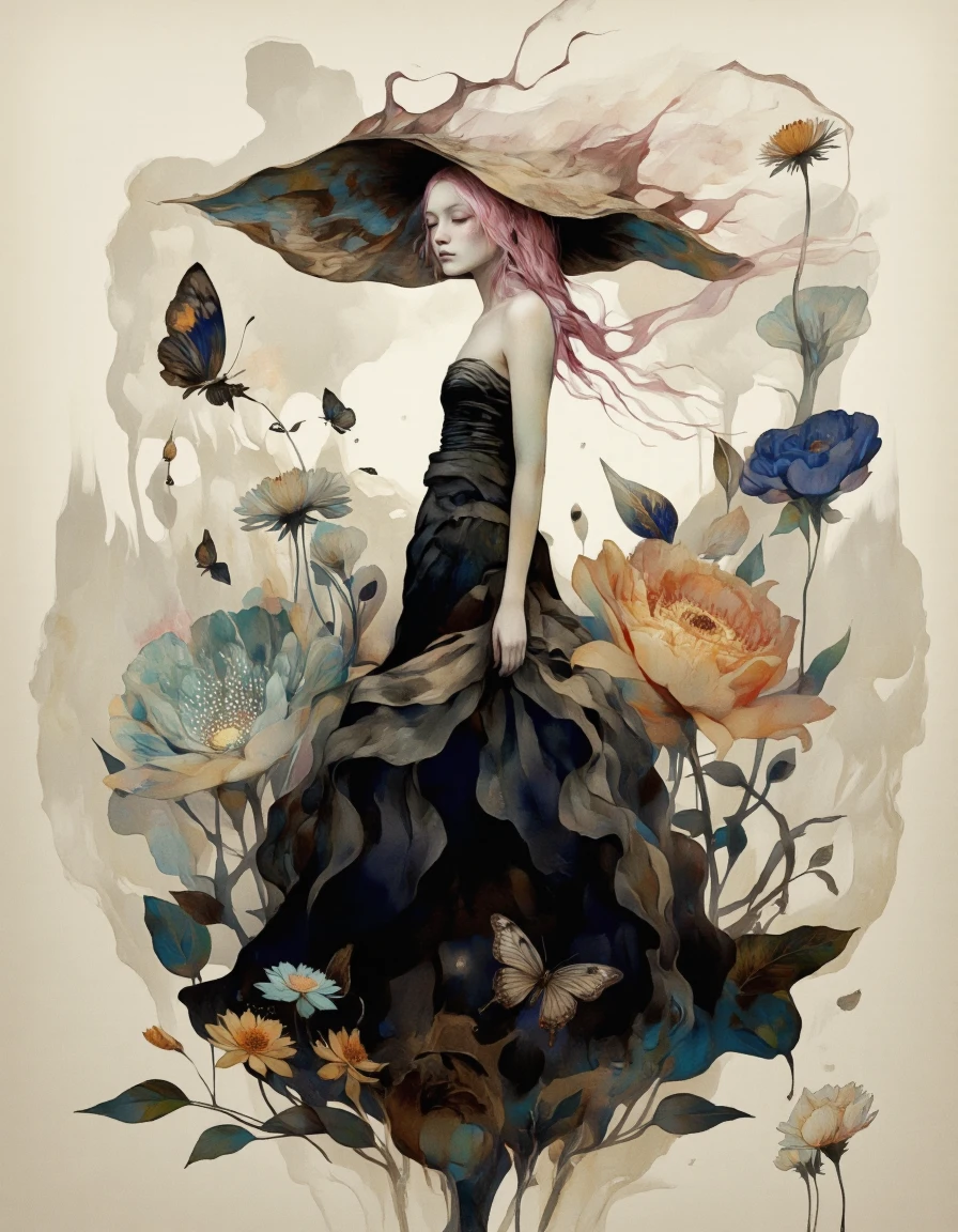 Art by Vvika. A digital illustration shoot from a profile camera angle about a surreal depiction of a woman with a large, flowing hat and a black dress, surrounded by abstract floral elements. the image also shows a woman standing in the middle of the image, wearing a black strapless dress with a ruffled hem, bare shoulders, and full body. the woman, who appears to be a adult, has long, flowing pink hair that cascades down her back, and her eyes are closed, giving a serene expression. she is standing with her arms at her sides and her head tilted slightly upwards, as if lost in thought. the background is a soft, muted beige color with a mix of abstract shapes and floral elements, including large, multicolored flowers and butterflies. the style is reminiscent of surreal art with a touch of fantasy, and the overall effect is one of serenity and wonder.