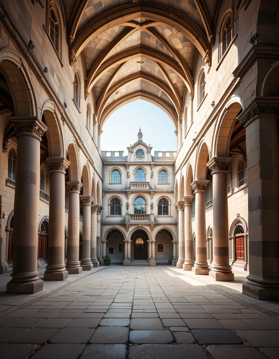 A historical courtyard framed by tall, arched stone arcades with detailed columns and aged masonry. The architecture is reminiscent of a Gothic or medieval European style, with weathered beige and grey stones. The ground is paved with large rectangular stone tiles, slightly uneven and textured with age. Soft natural daylight illuminates the courtyard, casting gentle shadows under the arches. The space feels both grand and enclosed, evoking the atmosphere of an ancient university or magical institution,historical c0urty4rd, <lora:historical_c0urty4rd-p:1>,score_9, score_8_up, score_7_up,amazing quality, ultra realistic, 3D, HD, best quality, amazing quality, very aesthetic, absurdres