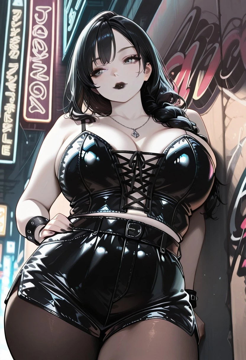 masterpiece, a beautiful girl, pink sparkly eyes, big leg thighs, wide waist, big , long legs, black jacket with spikes, micro bikini, black jeans with chains, sparkles and effects, gloves black without fingertips, irritated, thin waist, short abdomen, back to spectator, photo from bottom to top
