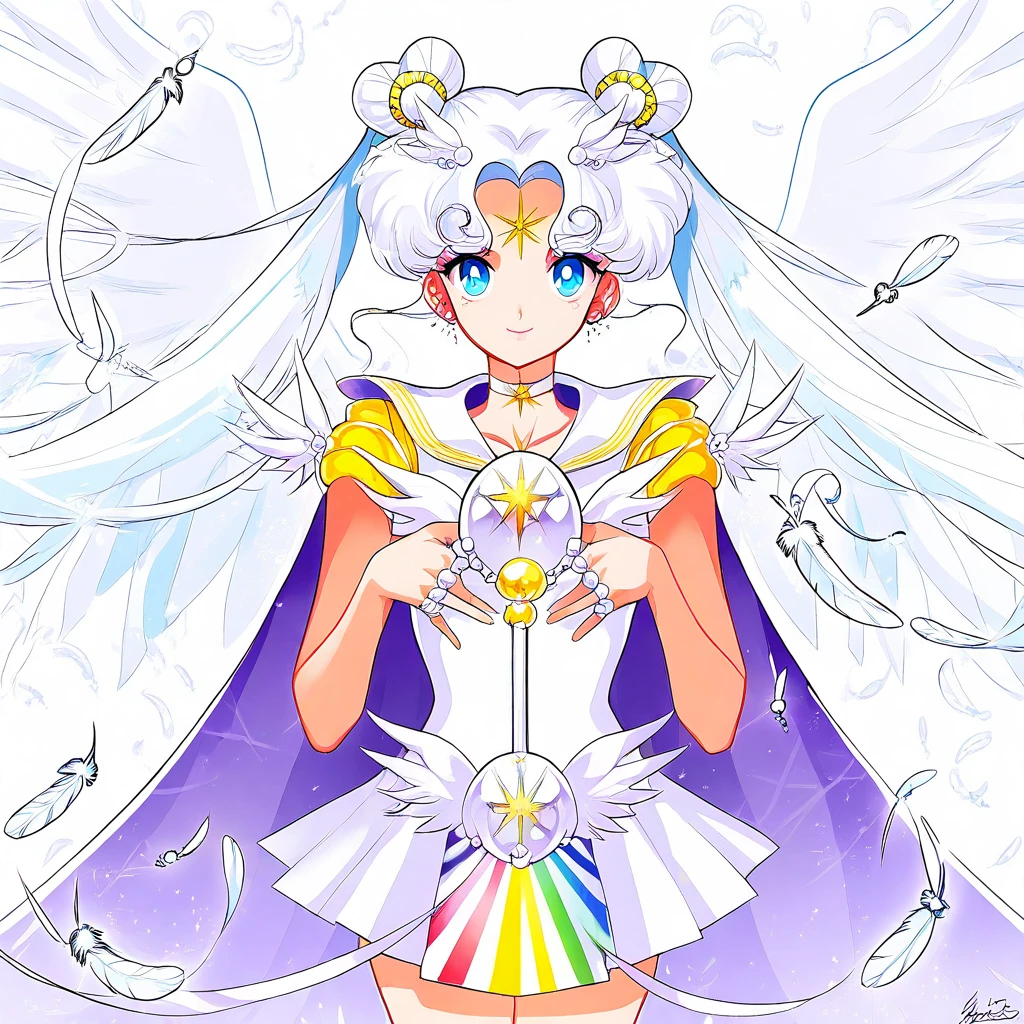 masterpiece, best quality, Sailor Cosmos, 1girl, solo, long hair, looking at viewer, smile, blue eyes, skirt, hair ornament, white background, twintails, jewelry, white hair, cowboy shot, pleated skirt, earrings, wings, choker, signature, sailor collar, hair bun, cape, double bun, facial mark, magical girl, ring, feathers, staff, brooch, white sailor collar, hairpin, forehead mark, white choker, sailor senshi uniform, white theme