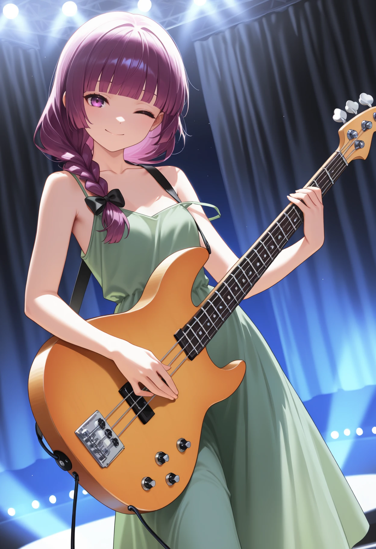 (illustration:1.0), masterpiece, best quality, ultra-detailed, illustration, <lora:kikuriHiroiBocchiThe_v10:1>, green dress, holding detailed bass_guitar, stage, dramatic shadow,