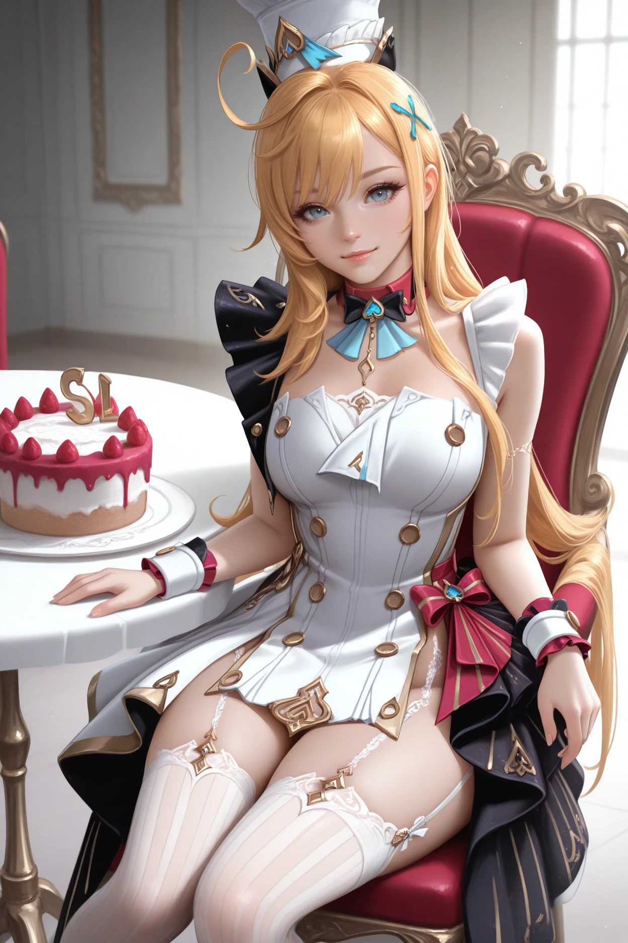 masterpiece, best quality, 1girl, solo, <lora:escoffier-illu-nvwls-v1-000007:1> gsesc, blonde hair, long hair, ahoge, blue eyes, white hat, hair ornament, black bowtie, blue ascot, white dress, double-breasted, frilled dress, sleeveless dress, gold buttons, wrist cuffs, black overskirt, garter straps, white thighhighs, realistic, sitting, fancy chair, cake, table, looking at viewer, light smile