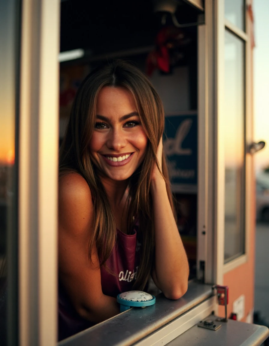<lora:Sofia_Vergara_Ca2002:1> woman, working in a Taco truck, at the window, smiling, wearing an apron that says "caliente", sunset near the beach., Extreme Close-up, Zoomed Shot, Macro Shot, Looking Directly At The Viewer, Centered, Making Eye Contact, Looking Straight Ahead, Looking Forward, Centered in the Frame, Staring at the Viewer, Looking at the Camera, <lora:zz_s_Chest_Size_Slider:-2> buttoned up top, Solo, Alone, No Humans, No Animals, Empty, Abandoned, Desolate, Isolated, Alienated.