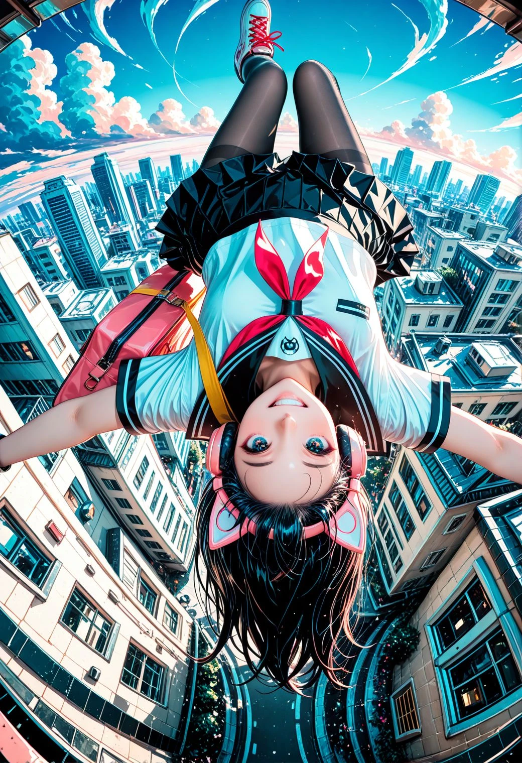 SmoothNoob_Quality, (ligne claire:1.2), (limited palette, no lineart, no outline), 1girl, solo, smile, long hair, black hair, looking at viewer, outstretched arms, spread arms, floating, midair, upside-down, school uniform, white shirt, pantyhose, pleated skirt, shoes, socks, black skirt, sailor collar, bag, black pantyhose, cat headphones, sneakers, shoulder bag, shoelaces, high tops, full body, from above, fisheye, outdoors,blue sky, cloud, city,building, <lora:SLE_v2:0.25> <lora:Smooth_Booster_v3:0.5>