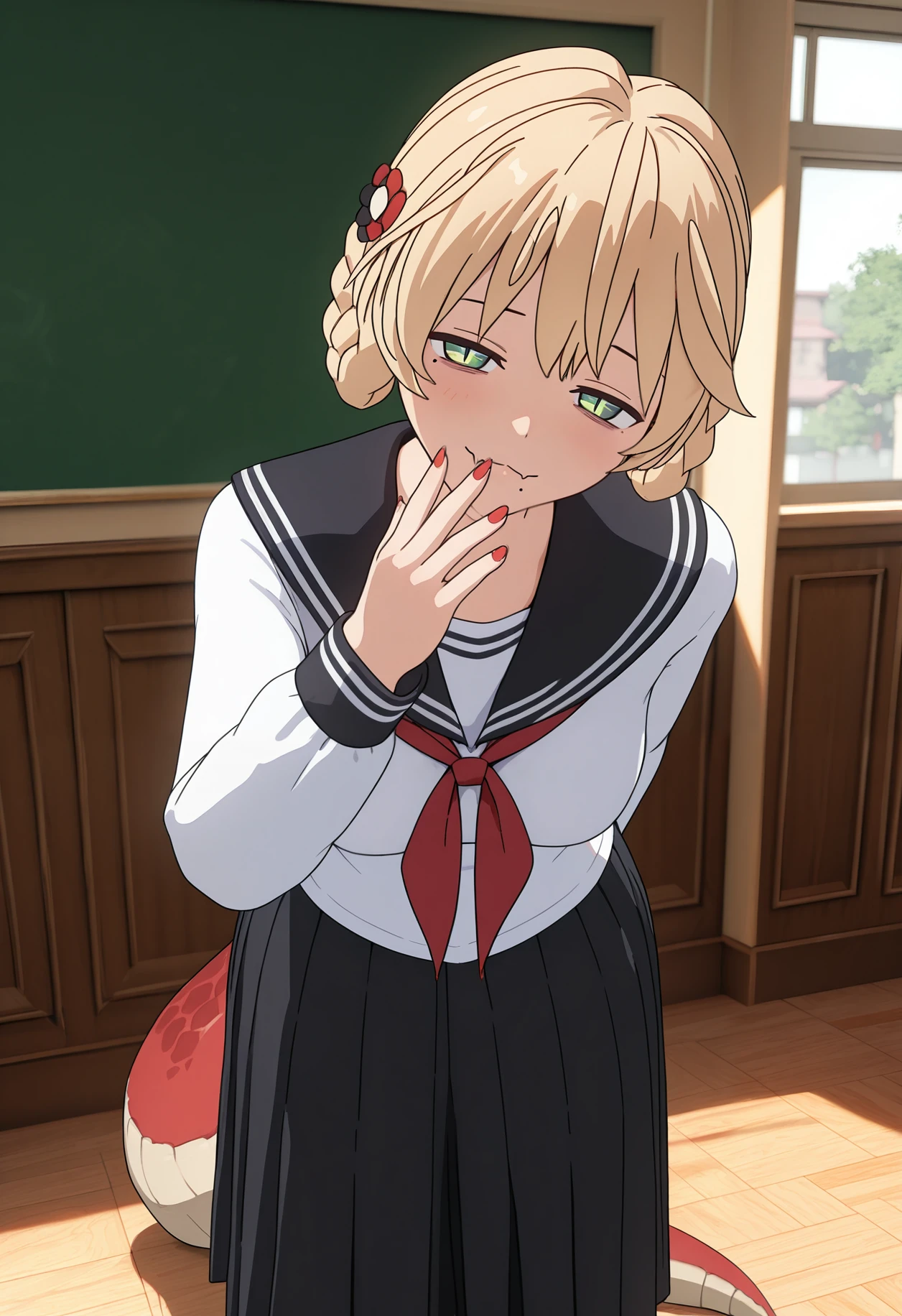 masterpiece,best quality,absurdres,highres,scenery,
rinrin style, 3d,
1girl,solo,ccrs,reptile girl,blonde hair,short hair,braided hair rings,parted bangs,green eyes,slit pupils,red nails,sharp fingernails,mole under mouth,lizard tail,long tail,red tail,:3,looking at viewer,standing,hunched over,arm behind back,hand to own mouth,long hair,single hair flower,red flower,half-closed eyes,serafuku,white shirt,black sailor collar,red neckerchief,long sleeves,medium skirt,black skirt,pleated skirt,indoors,classroom,skin fang,bags under eyes,dutch angle,closed mouth,head tilt,medium breasts, shadow, shaded face,
