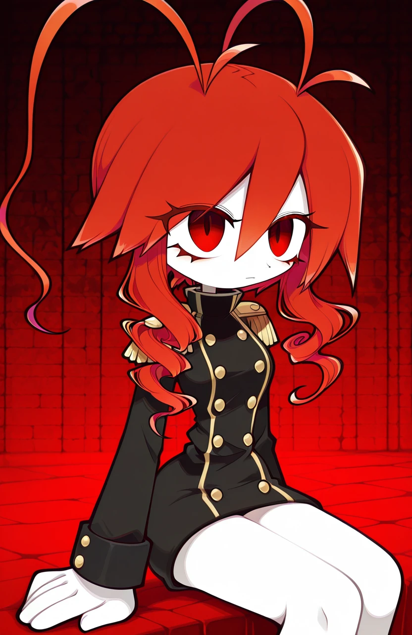 masterpiece,best quality,amazing quality,very aesthetic,absurdres,newest,score_9_up,(score_8_up),score_7_up,detailed face,detailed eyes,Highest Quality,perfect eyes,ultra-detailed,amazing quality,very aesthetic,perfect composition,intricate details,absurdres,<lora:LobcoOkegomV2:1>,lobco \(funamusea\),lobcoOkegom,1girl,antenna hair,black jacket,double-breasted,drill hair,epaulettes,eyelashes,hair between eyes,high collar,jacket,long hair,military,military uniform,pale skin,red eyes,red hair,solo,twin drills,uniform,<lora:OkegomStyle:0.8>,funamuseastyle,<lora:sitting:1>,sittingILL,sitting,ass,ass focus,,