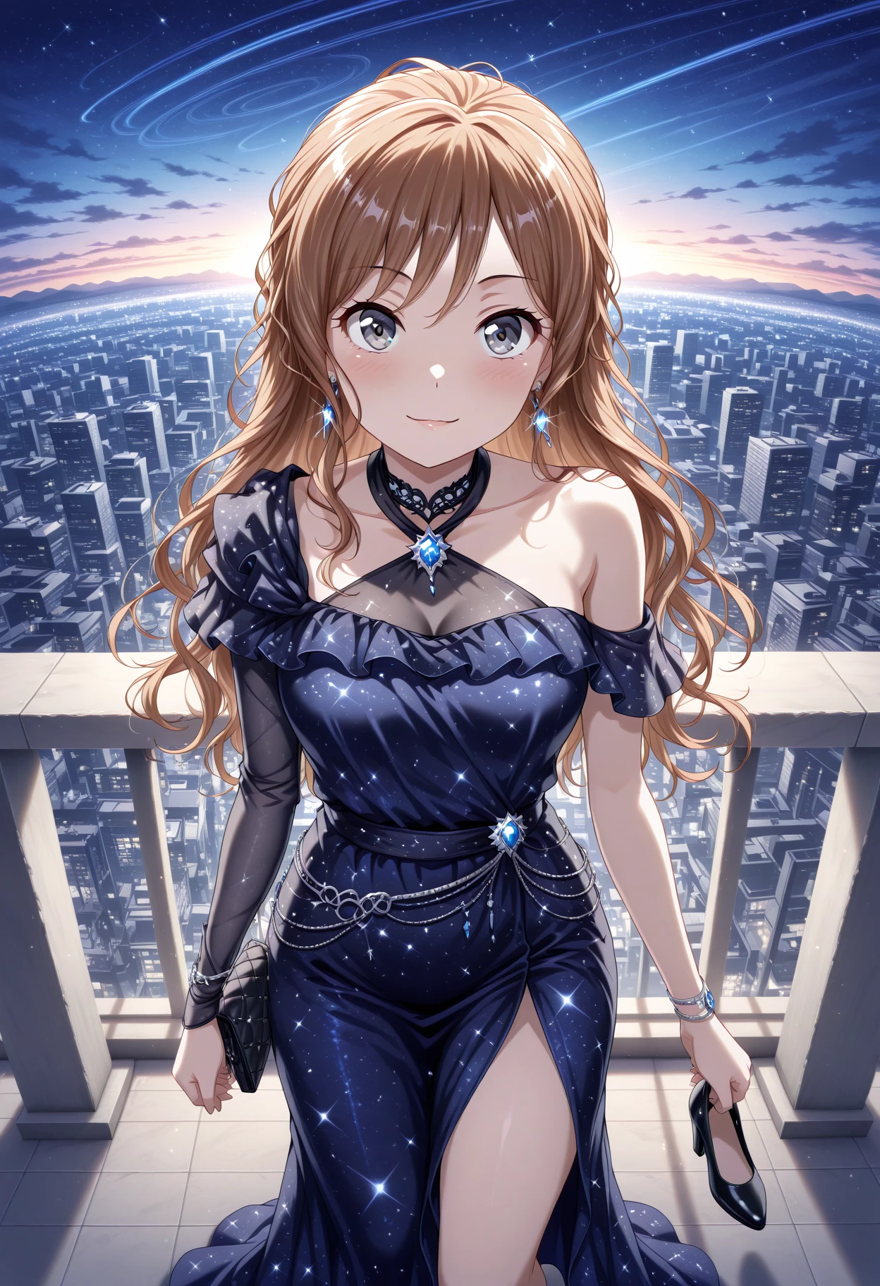 masterpiece, best quality, amazing quality, 1girl, solo, makeup, perspective, general, looking at viewer, dynamic angle, cowboy shot, smile, standing, city, outdoors, handbag, holding, day, fancy, blush, lovely, posing, looking at viewer, <lora:Lisa_IL:0.9>, lisa_imai, 1girl, solo, jewelry, long hair, earrings, <lora:Nebulas_Embrace_Dress:1>, Nebulas_Embrace_Dress, dress, blue dress, long dress, starry sky print, evening gown, halterneck, jewelry, gem, blue gemstone, bare shoulders, single bare shoulder, asymmetrical sleeves, side slit, bracelet, earrings, anklet, bare legs, black footwear, high heels, <lora:wai-Rectified-s:1>, <lora:prompt_extend:1>