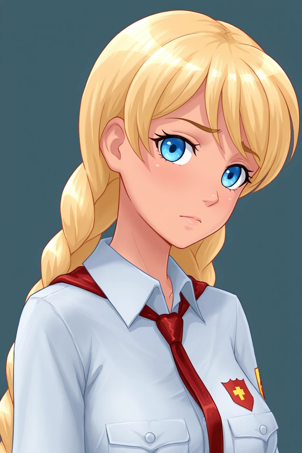 FSlavyaF, blond hair, braids, blue eyes, 1girl, solo, simple background, soft, smooth, very aesthetic, masterpiece, best quality, amazing quality, 8k, ultra-HD, high detail