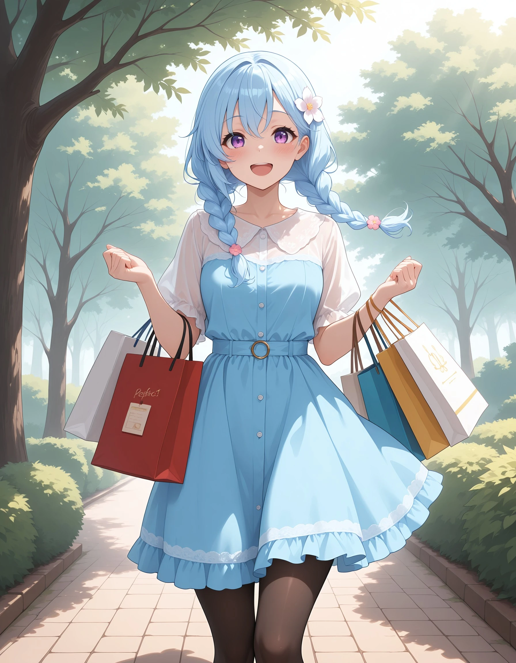 (masterpiece:1.4), (best quality:1.4), (ultra-detailed:1.3), (very aesthetic:1.3), (absurdres:1.4), (perfect :1.3), blue hair, kanonfuee, long hair, purple eyes, light blue hair, hair ornament,braid, open mouth, twin braids, outdoors, alternate hairstyle, sunlight, pantyhose, bag, looking at viewer, smile, blush, dress, tree, black pantyhose, hair flower, day, shopping bag, paper, <lora:9a62d4f8-1798-4e51-b906-c8abdeb43115:0.7>