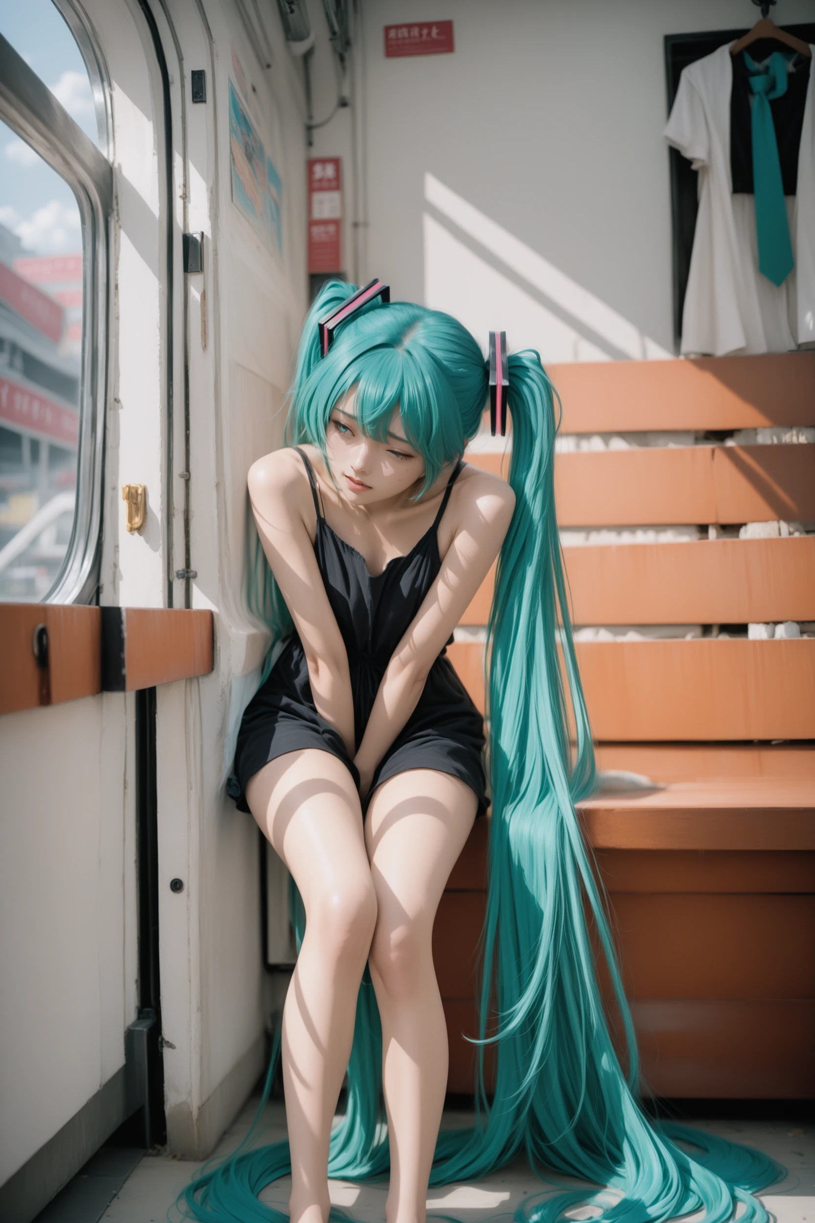 Hatsune Miku, Bra, Panties, Squats, Garbage House, Empty Cans, Garbage Bags, Convenience Store Bento, Cigarettes, Sitting on a Telegraph Pole,