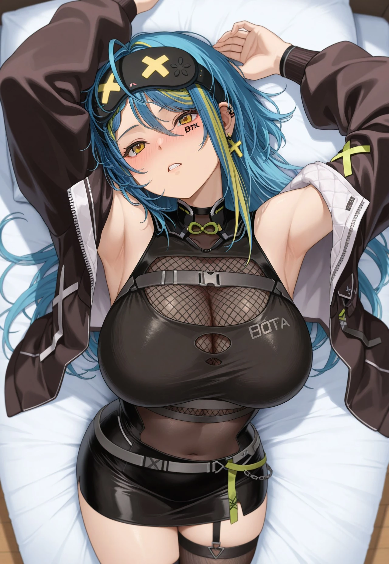 (((1 girl))), ((detailed yellow eyes)), ((short blue hair)), voluptuous body, gentle smile, comfy pose, wearing a leather jacket and a black top, black denim pants, piercings, tattoos, best quality, masterpiece, ultra-detailed