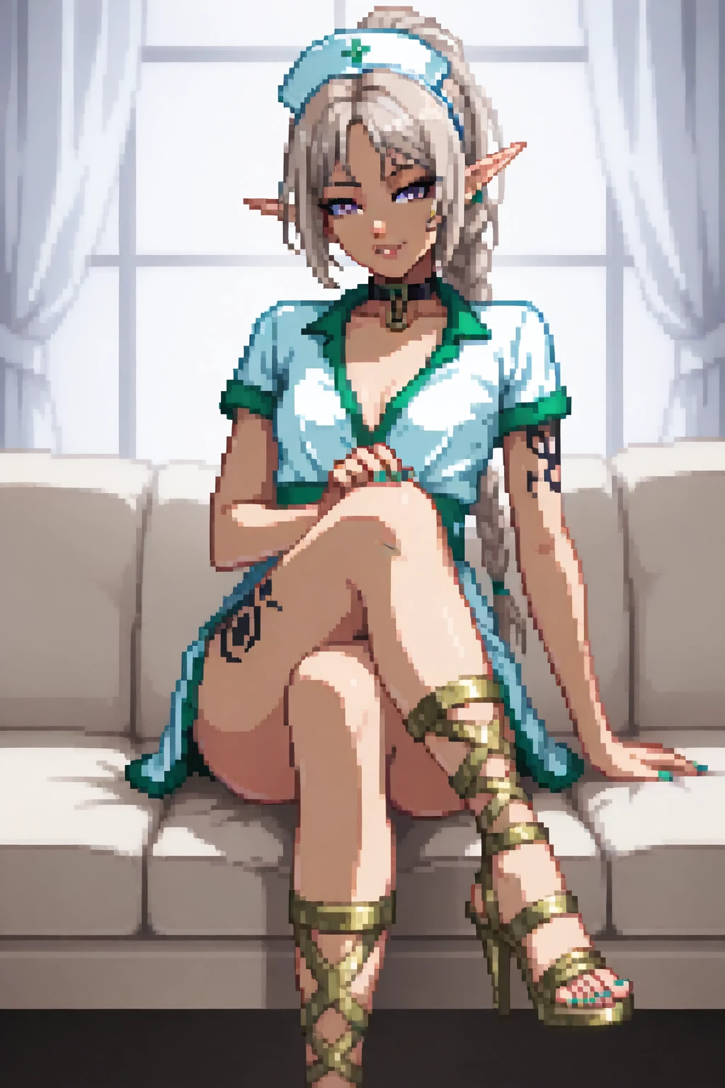 masterpiece, best quality. A full body image of a young beautiful woman. She is Dressed as a Nurse. White Dress. Long Pleated Skirt, Nurse Headdress. Short Sleeves, (Gladiator Heels:1.3), Roman Heels, toes, toenail polish. Confident, Proud, Alluring, Smirk, Dynamic Pose, Sexy Pose, Sitting on a Sofa, Slave Collar. perfect body, sexy, beautiful, Crossed Legs, eyeliner, Nail Polish. Pretty Nose. Anime, Pixel Art. pixelart. Pixel. SNES Graphics. SNES Style. tasteful sensuality, softcore. Sexy High Elf. Elf Ears, Shoulder Long Hair, Platinum Hair, (Tattoos on Thigh:1.2), Tattoos, (Tribal Tattoo:1.05), (Black Tattoo:1.05), Small Breasts, Braided Ponytail, High Ponytail, Violet Eyes,