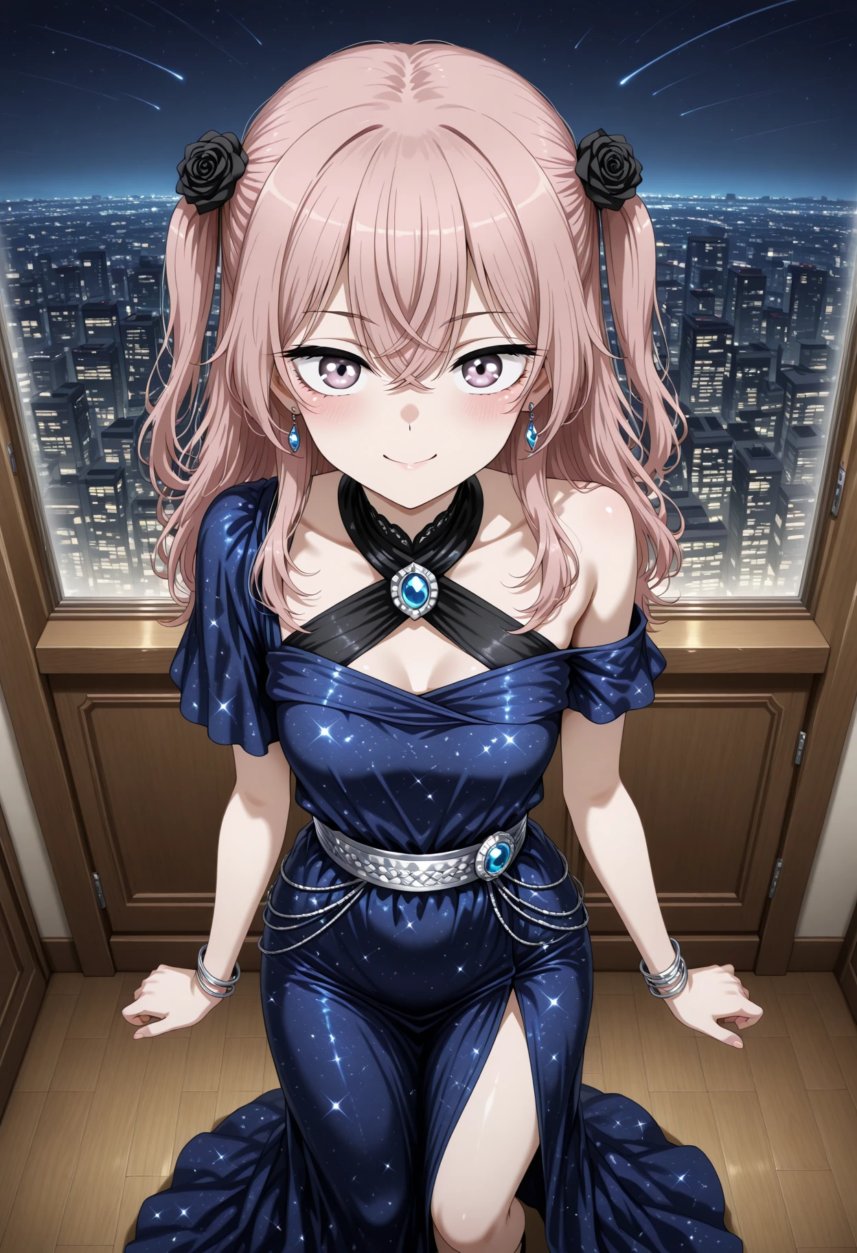 masterpiece, best quality, amazing quality, 1girl, solo, makeup, perspective, general, looking at viewer, dynamic angle, cowboy shot, smile, hotel, room, night, cityscape, indoors, windows, fancy, blush, lovely, posing, looking at viewer, <lora:sajuna-inui-s1-illustriousxl-lora-nochekaiser:1>, sajuna inui, inui sajuna, long hair, bangs, hair ornament, hair between eyes, pink hair, pink eyes, two side up, crossed bangs, black flower, black rose, mature female, small breasts, <lora:Nebulas_Embrace_Dress:1>, Nebulas_Embrace_Dress, dress, blue dress, long dress, starry sky print, evening gown, halterneck, jewelry, gem, blue gemstone, bare shoulders, single bare shoulder, asymmetrical sleeves, side slit, bracelet, earrings, anklet, bare legs, black footwear, high heels, <lora:wai-Rectified-s:1>, <lora:prompt_extend:1>