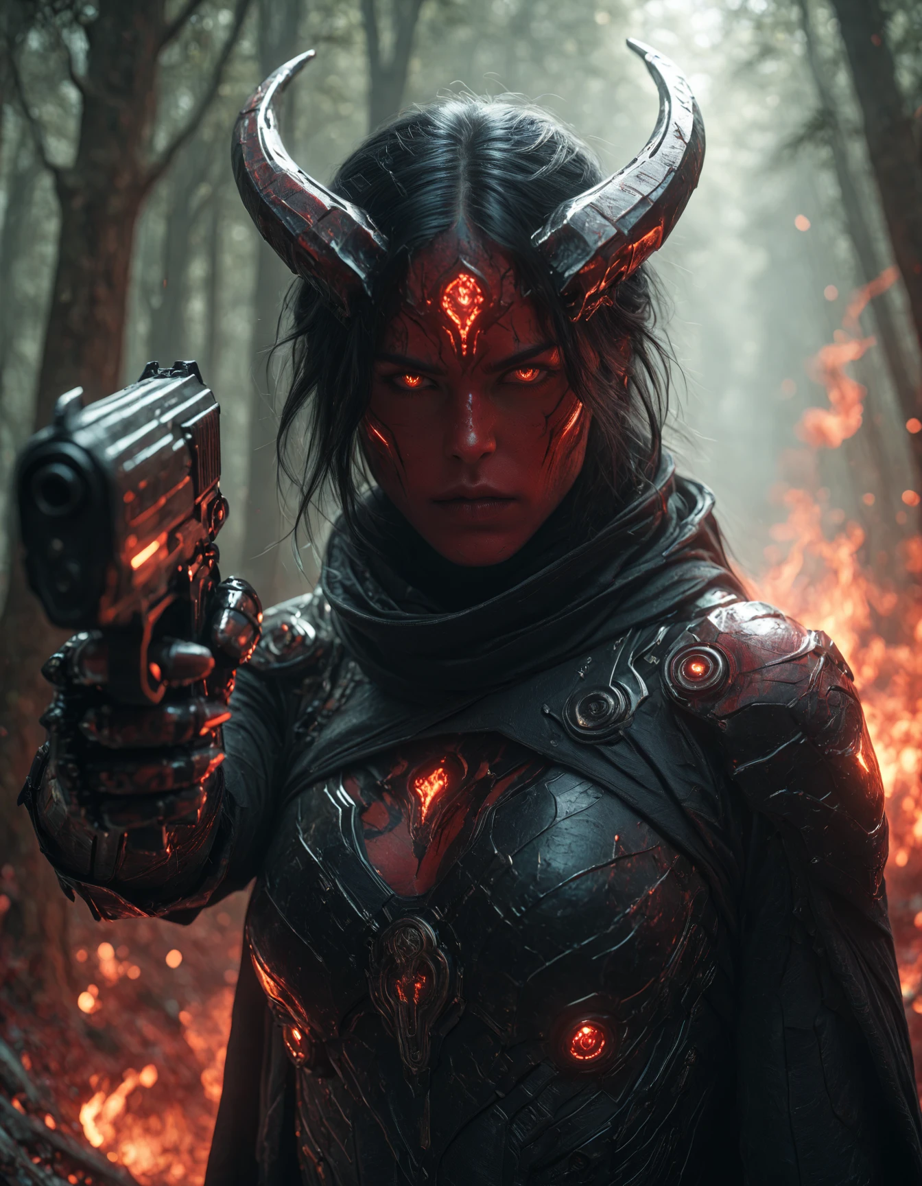 masterpiece, best quality, amazing quality, very aesthetic, high resolution, absurdres, newest, photorealism, realistic,1girl, demon, red skin. black hair, cyborg armor, black coat, holographic, horns, red fire eyes, sunlight, fire forest in background, holding two pistols, dynamic close up pose, cinematic , close up, cyborg samurai <lora:CyborgSamuraiPistolsIL:0.85> <lora:BeautyInEvilIL:0.85> hkevil