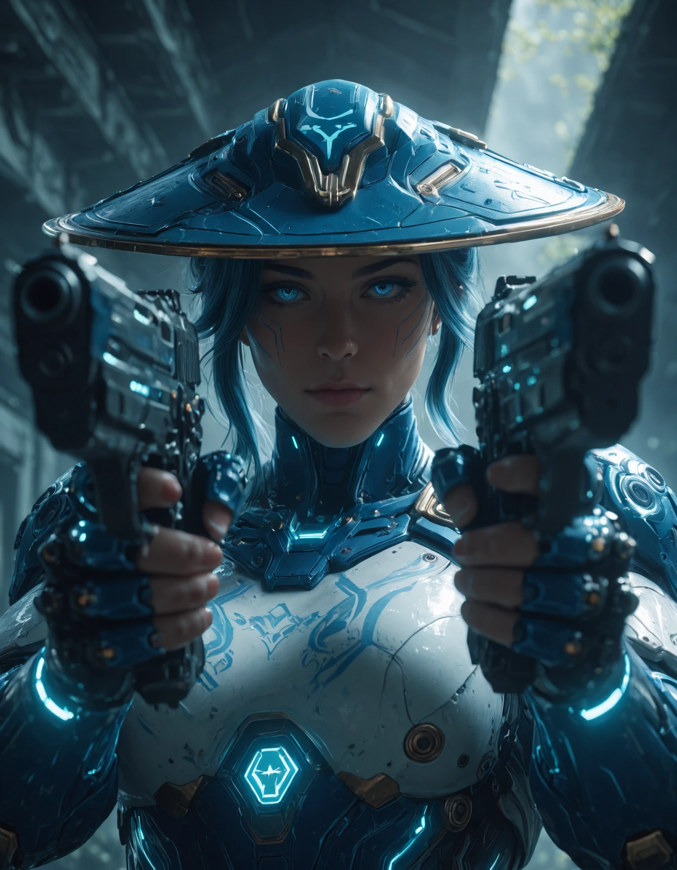 masterpiece, best quality, amazing quality, very aesthetic, high resolution, absurdres, newest, photorealism, realistic,,dynamic close up angle, 1girl, Female character from Genshin Impact, long beautiful hair, blue eyes, wearing blue and white with an Asian style hat on her head, in the style of cyberpunk with robot body parts and high tech mechanical armor. Wielding two pistols, one in each hand, dual wielding scifi pistols, Unreal Engine 5 <lora:CyborgSamuraiPistolsIL:1>