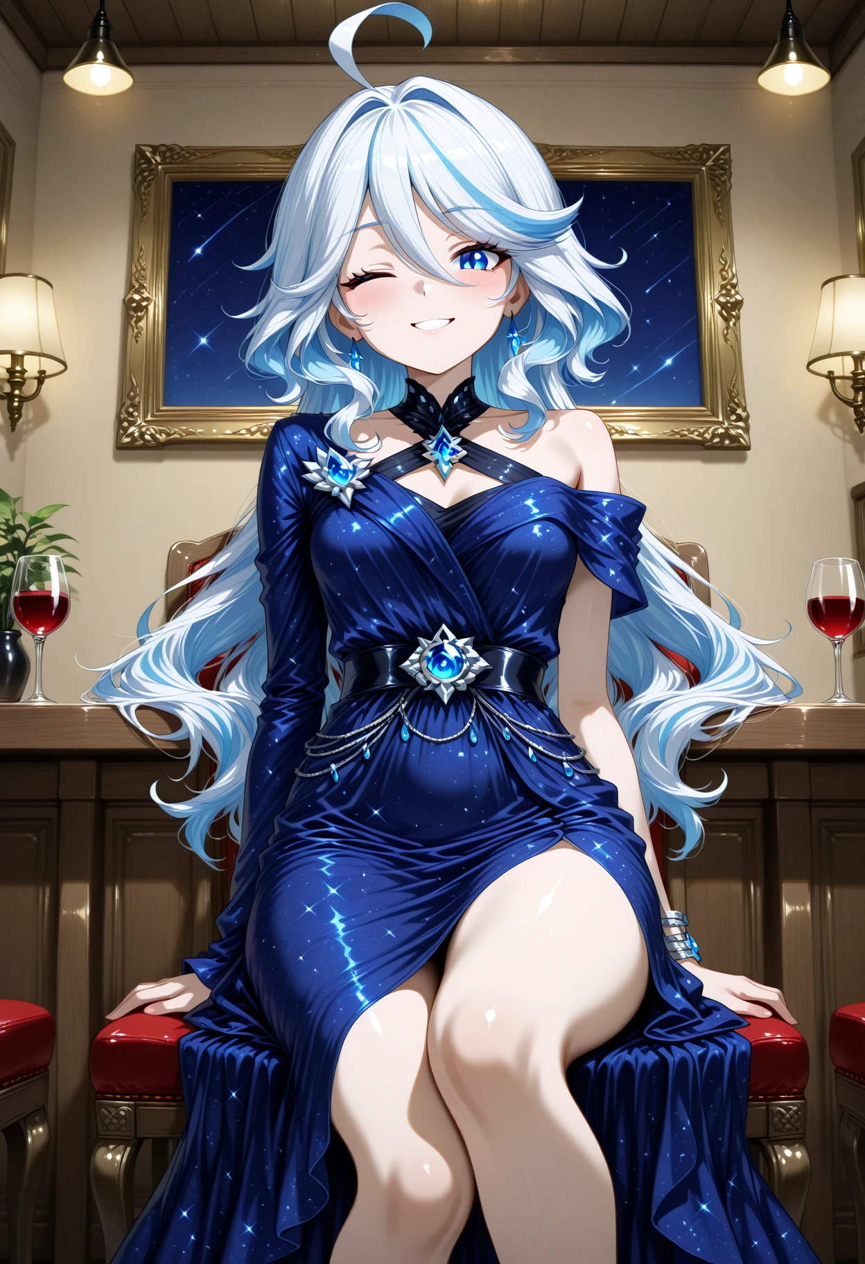 masterpiece, best quality, amazing quality, 1girl, solo, makeup, perspective, general, looking at viewer, dynamic angle, cowboy shot, smile, indoors, restaurant, sit on chair, wine glass, one eye closed, fancy, blush, lovely, posing, looking at viewer, <lora:Furina:1>, furinagen, blue eyes, long hair, bangs, hair between eyes, multicolored hair, two-tone hair, streaked hair, white hair, light blue hair, ahoge, <lora:Nebulas_Embrace_Dress:1>, Nebulas_Embrace_Dress, dress, blue dress, long dress, starry sky print, evening gown, halterneck, jewelry, gem, blue gemstone, bare shoulders, single bare shoulder, asymmetrical sleeves, side slit, bracelet, earrings, anklet, bare legs, black footwear, high heels, <lora:wai-Rectified-s:1>, <lora:prompt_extend:1>