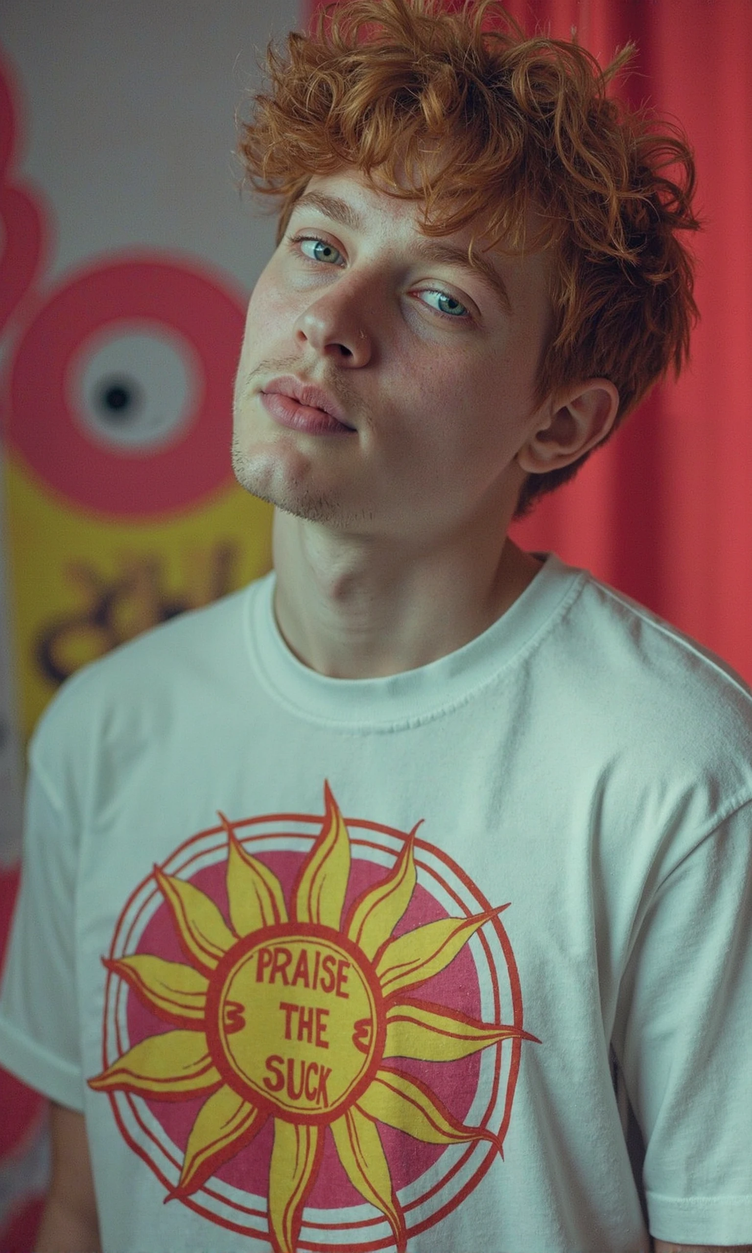a scruffy ginger young man in t-shirt with a sun logo and text "PRAISE THE SUCK", indie, retro, medium format photography, warm light, dorm room aesthetics, taken with an iphone 6, lightroom