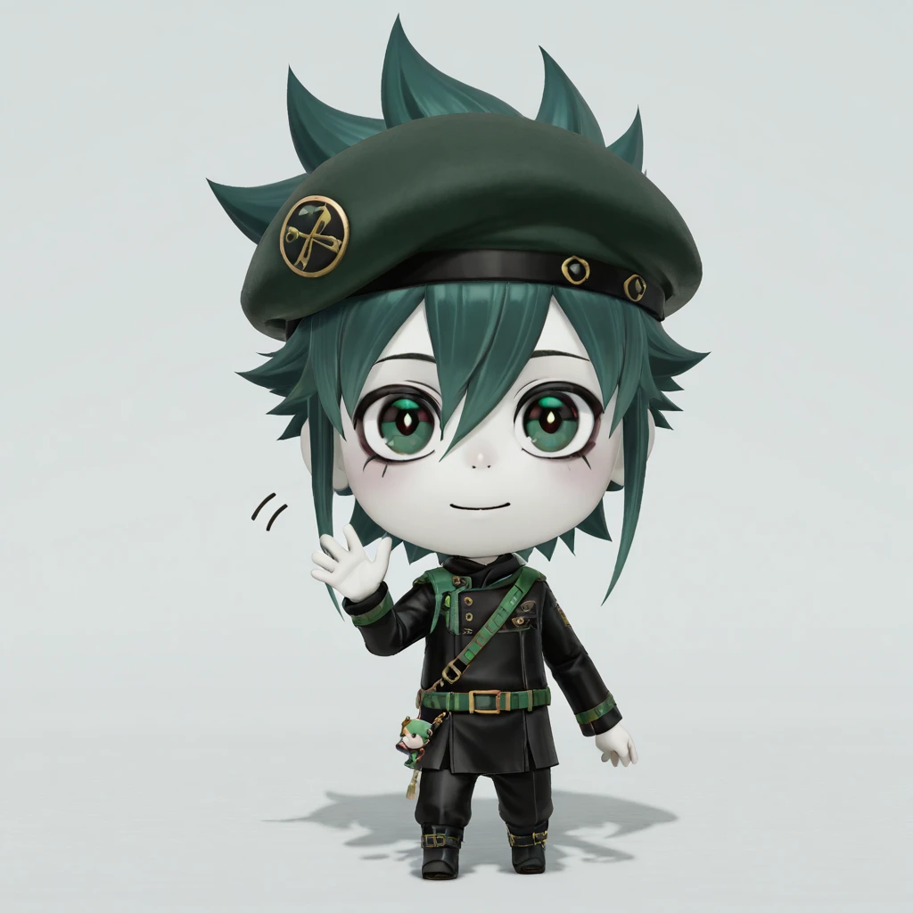 <lora:Miitopia_Miis:1> miitopiamii, 3d, chibi, 1boy, solo,  blue-green hair,  black clothes,  dark green eyes, pale skin,  beret, spiked_hair,  Hand waving in greeting
