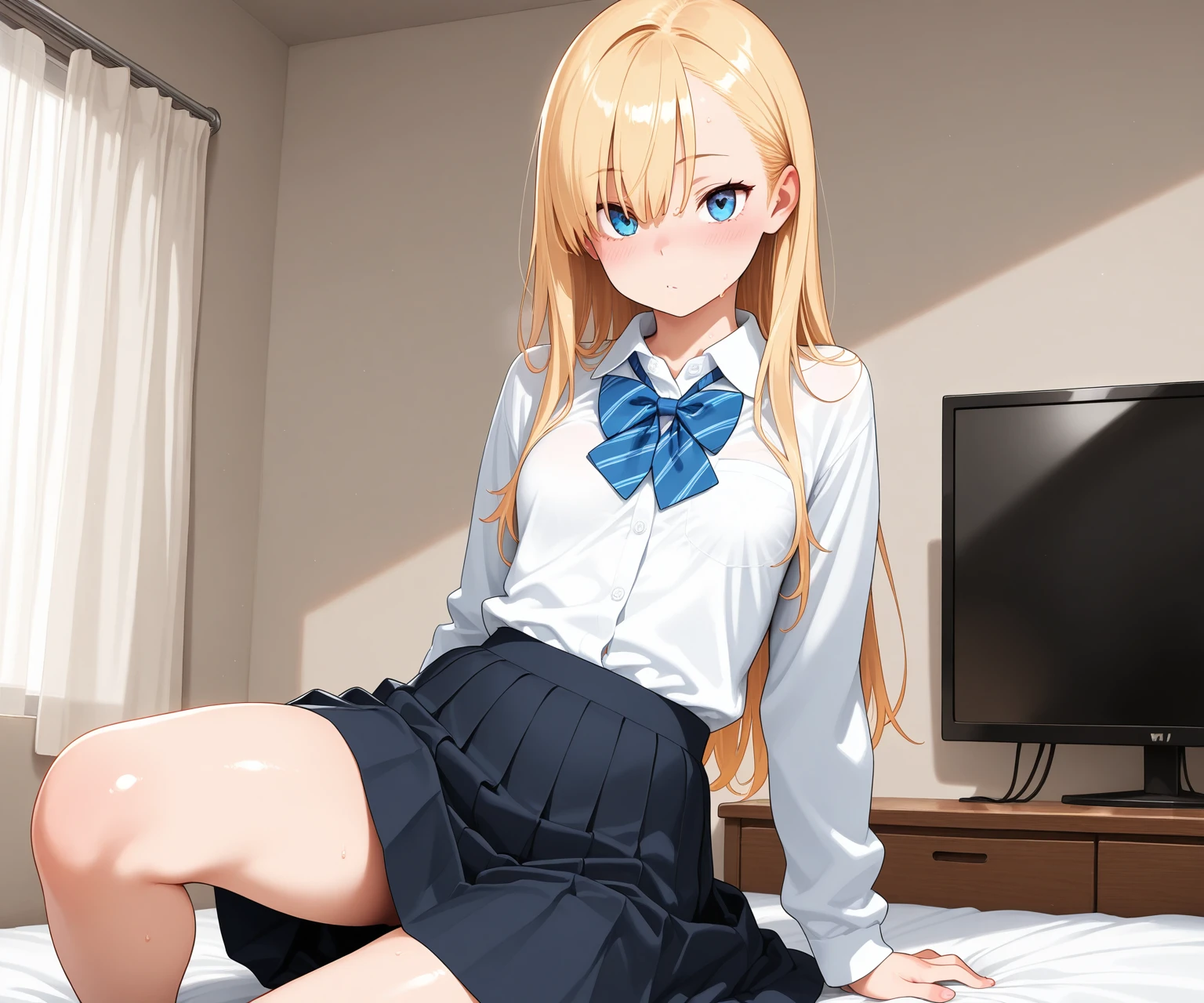 Background Bedroom、Blue Eyes、Hairstyle: Medium-long blonde、Shy face、Big Breasts、Sit on the bed、CA Uniform