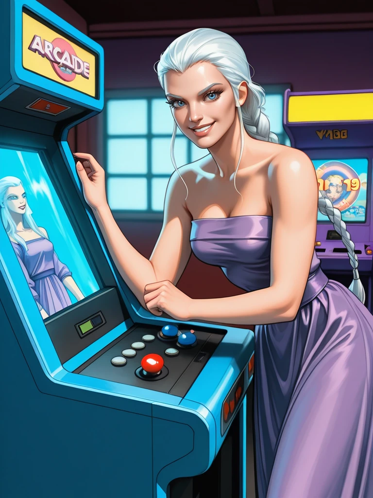<lora:Arianna__Exalted:0.7>
ariannaexalted,,long hair, white hair, braid, blue eyes,,purple dress, bare shoulders,
solo in a 1980s arcade, video arcade machine, smiling, flirting, looking at viewer