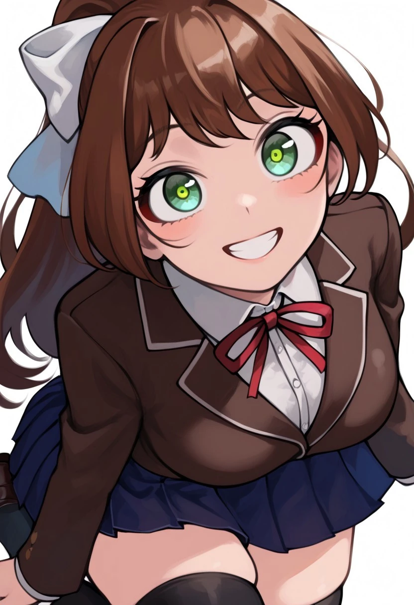score_9, score_8_up, score_7_up, score_6_up, score_5_up, score_4_up, source_cartoon, <lora:confetti-extract- ponyxl:0.85>, detailed eyes, easynegative, rating_explicit, Expressiveh, 1girl, solo, furin, breasts, smiling at viewer, large breasts, close up
Monika, very long hair,brown hair,ponytail,hair bow,white bow,hair ribbon,white ribbon,sidelocks,bangs,green eyes, school uniform,brown jacket,blazer,wing collar,neck ribbon,red ribbon,white shirt,long sleeves,medium breasts,skindentation,blue skirt,pleated skirt,zettai ryouiki,black thighhighs, blush