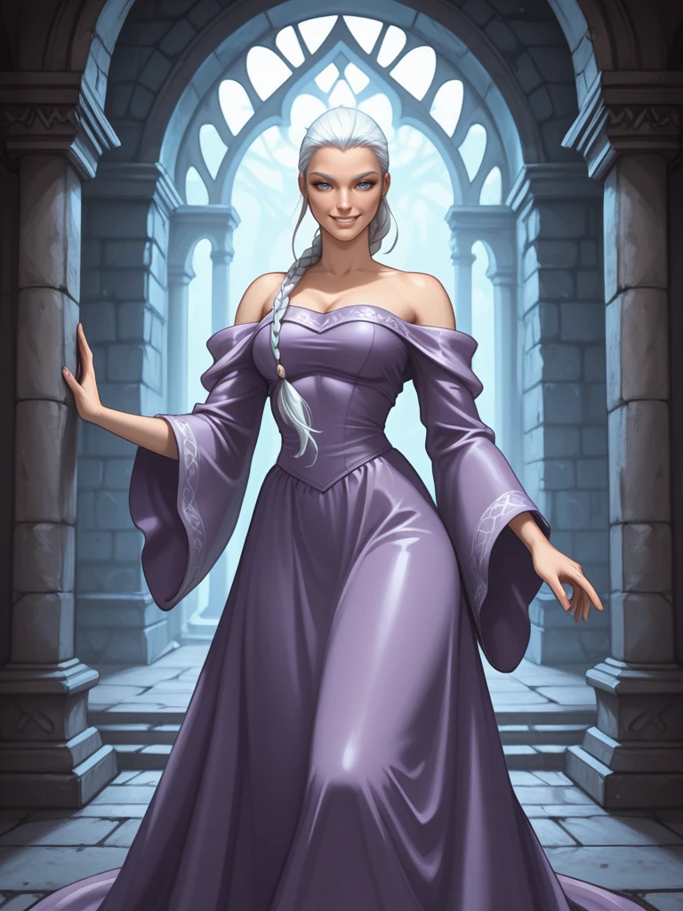 <lora:Arianna__Exalted:0.7>
ariannaexalted,,long hair, white hair, braid, blue eyes,,purple dress, bare shoulders, wide sleeves
standing in a castle, looking at viewer, smiling
