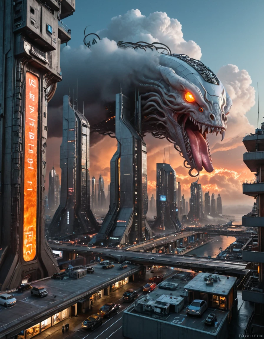 <lora:City_Worlds_01_Effects_xlc:1> photo, citybkg, cyberpunk, ambiance, day, clouds, tiny spaceships in the sky, very detailed, design buildings, mega structures, futuristic, very far side view, small high buildings, tiny low buildings, illuminated, city lights, elevated highways, city in the clouds, floating city, phot31, epic scale, epic, sea of clouds, haze, light effects, impressive, HID16, hell monster, open jaw, glowing eyes, furious, breaking in, burning, enormous, huge, living ship with tentacles, dusk, epic, fantasy, futuristic, haze in the far background, epic scale, fantasy, fire sky, cyberpunk metropolis, orange clouds, fire tongue out,