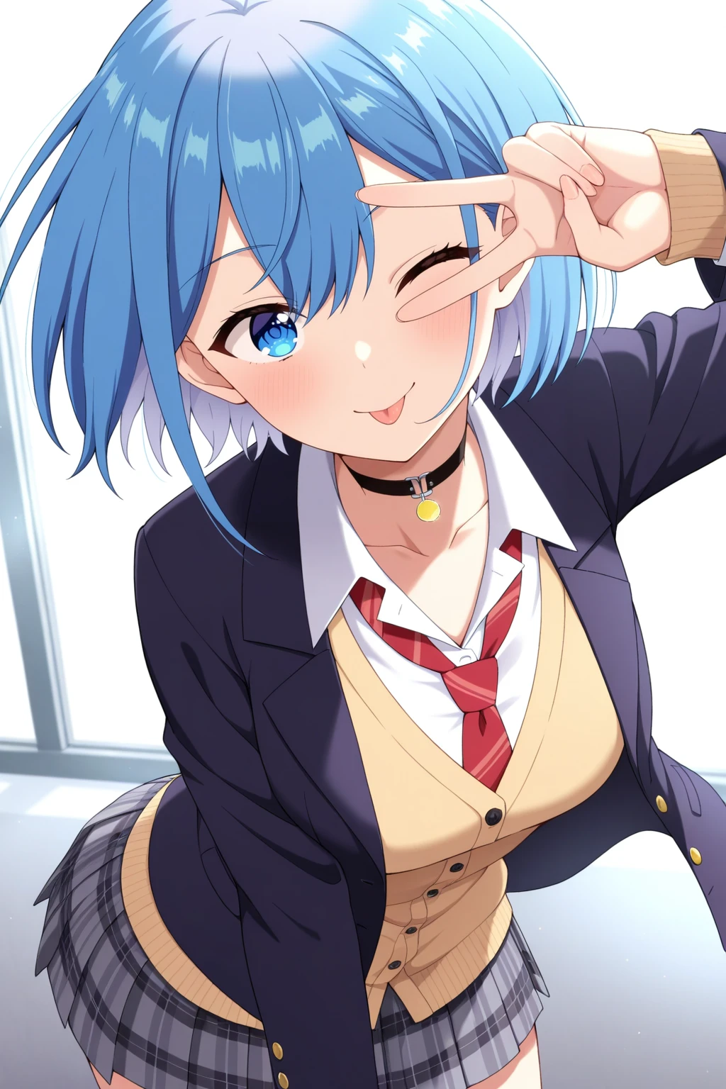 masterpiece, best quality, amazing quality, very aesthetic, absurdres, ultra detailed,
<lora:il_contrast_slider_d1 (ЦÐÐТ ÐÐРТÐÐÐÐ):-0.8>
<lora:Himari Inuzuka:0.8> himari_inuzuka, 1girl,
blue hair, blue eyes, short hair, choker, black choker, bangs,smile, tongue out, floating hair, closed mouth, skirt, school uniform, jacket, pleated skirt, blazer, cardigan, shirt, collarbone, grey skirt, plaid, plaid skirt, necktie, red necktie, leaning over, peace sign over eye,