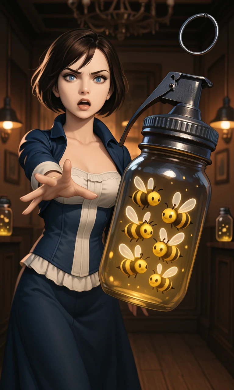 embedding:IllusP0s, bee grenade jar, throwing, reaching, 1girl, contrast lighting, dramatic, dynamic pose, elizabeth_\(bioshock infinite\)<lora:bee grenade jar_illustrious.safetensors:1.0:1.0>