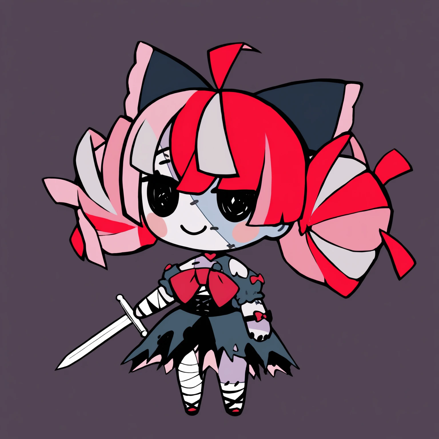 masterpiece, best quality, newest, chibi, full body, blush stickers, black eyes, solo, 1girl, kur31ji1st, zombie, two-tone skin, grey skin, patchwork skin, stitches, smile, standing, multicolored hair, red hair, pink hair, grey hair, blunt ends, ahoge, double bun, impaled, sword, hair bow, black bow, black dress, cross-laced dress, torn dress, red bow, huge bow, puffy short sleeves, wrist bow, black corset, bandaged arm, bandaged leg, black nails, bare shoulders, simple background
<segment:yolo-Anzhc Face seg 640 v3 y11n.pt,0.4,0.6//cid=11>
