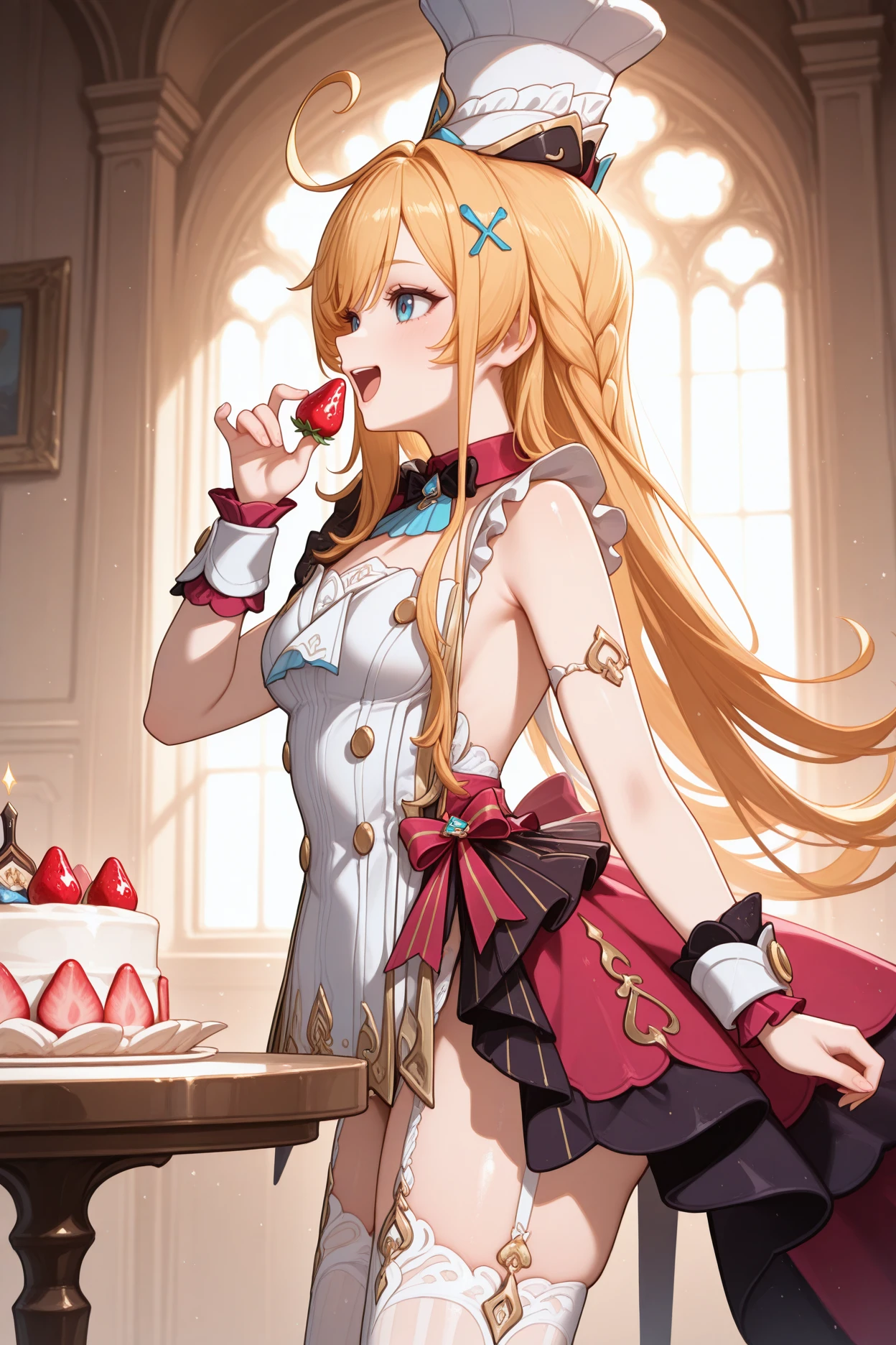 masterpiece, best quality, 1girl, solo, <lora:escoffier-illu-nvwls-v1-000007:1> gsesc, blonde hair, long hair, ahoge, blue eyes, white hat, hair ornament, black bowtie, blue ascot, white dress, double-breasted, frilled dress, sleeveless dress, gold buttons, wrist cuffs, black overskirt, garter straps, white thighhighs, cowboy shot, cake, open mouth, happy, holding strawberry, indoors, from side, table
