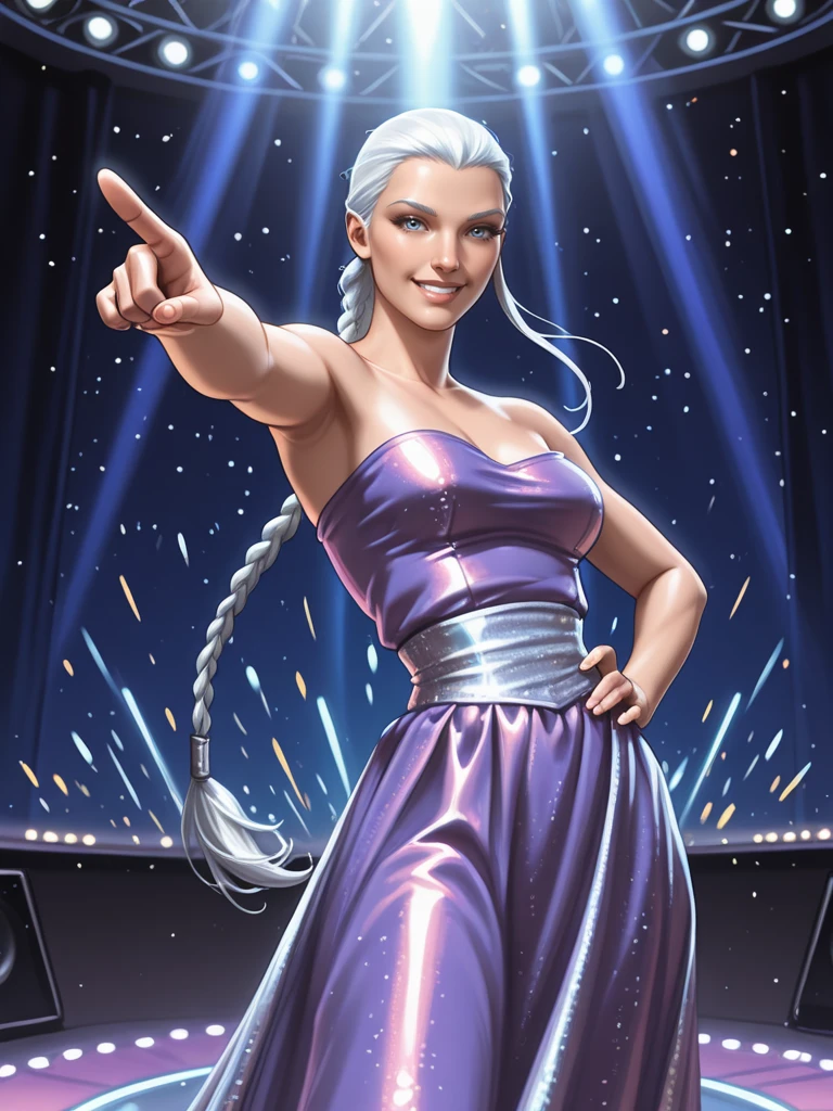 <lora:Arianna__Exalted:0.7>
ariannaexalted,,long hair, white hair, braid, blue eyes,,purple dress, bare shoulders,
smiling, dance victory
dancing disco, disco, solo, one hand pointing to the sky, one hand on hip,
action shot