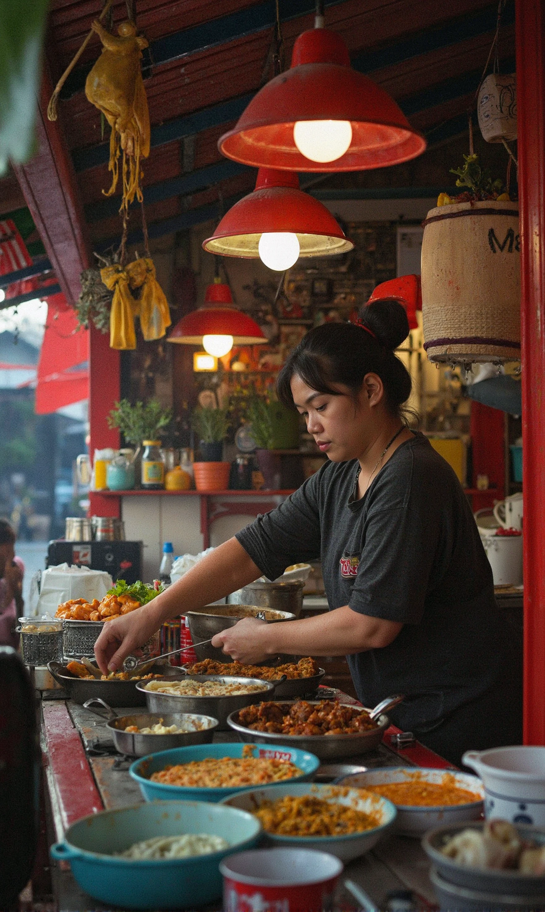 1990s style analog flash photography.
A woman preparing food in a busy outdoor kitchen filled with bright red and yellow accents creating a lively atmosphere, the feeling is cozy and homely, almost nostalgic.
It looks like it has been taken with a cheap disposable camera, with visible film grain and slight lens distortion.