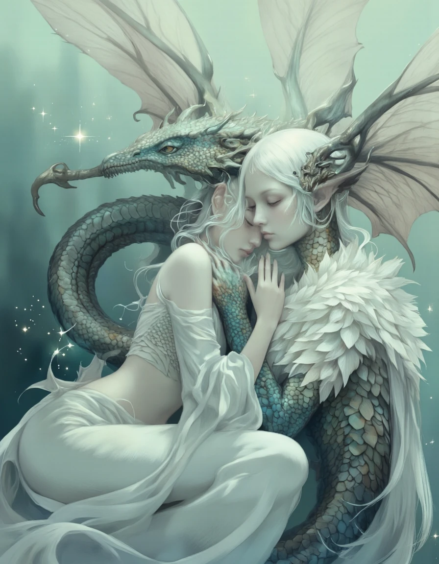 Art by Vvika. A digital illustration shoot from a close-up camera angle about a serene dragon-like creature with long, flowing white hair and scales, resting its head on its neck. the image also shows soft lighting and sparkles, creating a magical atmosphere. on the middle of the image, a woman with pale skin, long white hair, and closed eyes appears to be sleeping, with her eyes closed. she is wearing a white, long-sleeved, feathered dress that accentuates her slim body. her body is covered in scales, giving her a delicate and ethereal appearance. she has large, pointed ears and a small, ornate horn on her head. her wings, which are also intricately detailed with scales, are spread out around her. the background is a soft, blurred greenish-blue gradient with hints of sparkles and magical elements. the overall effect is one of tranquility and serenity.