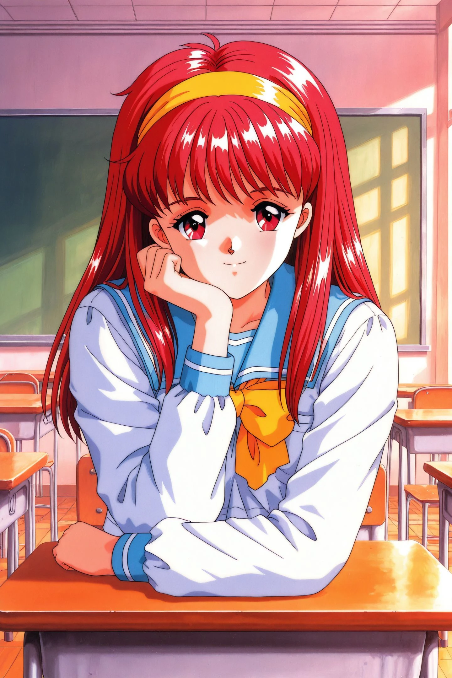 Original Style,Fujisaki Shiori,1girl,solo,red eyes,long hair,hairband,red hair,head rest,long sleeves,smile,yellow hairband,looking at viewer,retro artstyle,upper body,school uniform,indoors,bow,classroom,
<lora:Tokimeki Memorial_illustriousXL_v2:1>,