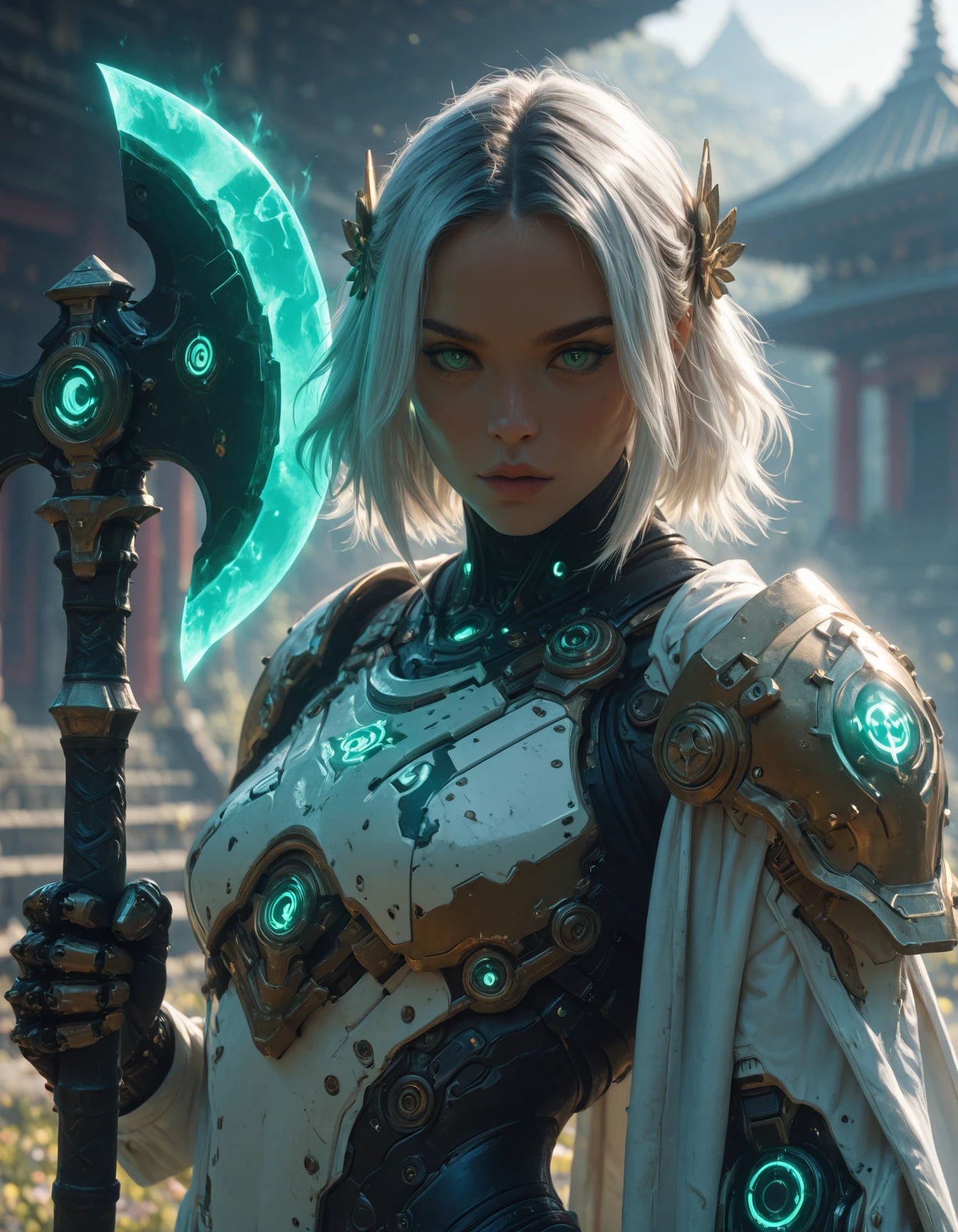 masterpiece, best quality, amazing quality, very aesthetic, high resolution, absurdres, newest, photorealism, realistic,1girl, white hair, cuborg armor, white coat, holographic, hair ornament, green eyes, sunlight, temple in background, holding a giant glowing axe, dynamic close up pose, cinematic, close up, cyborg samurai <lora:CyborgSamuraiPistolsIL:0.85> <lora:AxeIL:0.85>