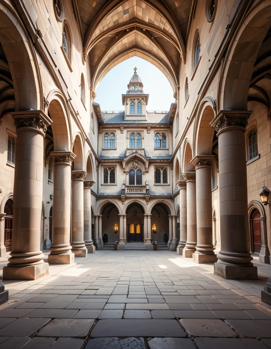 A historical courtyard framed by tall, arched stone arcades with detailed columns and aged masonry. The architecture is reminiscent of a Gothic or medieval European style, with weathered beige and grey stones. The ground is paved with large rectangular stone tiles, slightly uneven and textured with age. Soft natural daylight illuminates the courtyard, casting gentle shadows under the arches. The space feels both grand and enclosed, evoking the atmosphere of an ancient university or magical institution,historical c0urty4rd, <lora:historical_c0urty4rd-p:1>,score_9, score_8_up, score_7_up,amazing quality, ultra realistic, 3D, HD, best quality, amazing quality, very aesthetic, absurdres